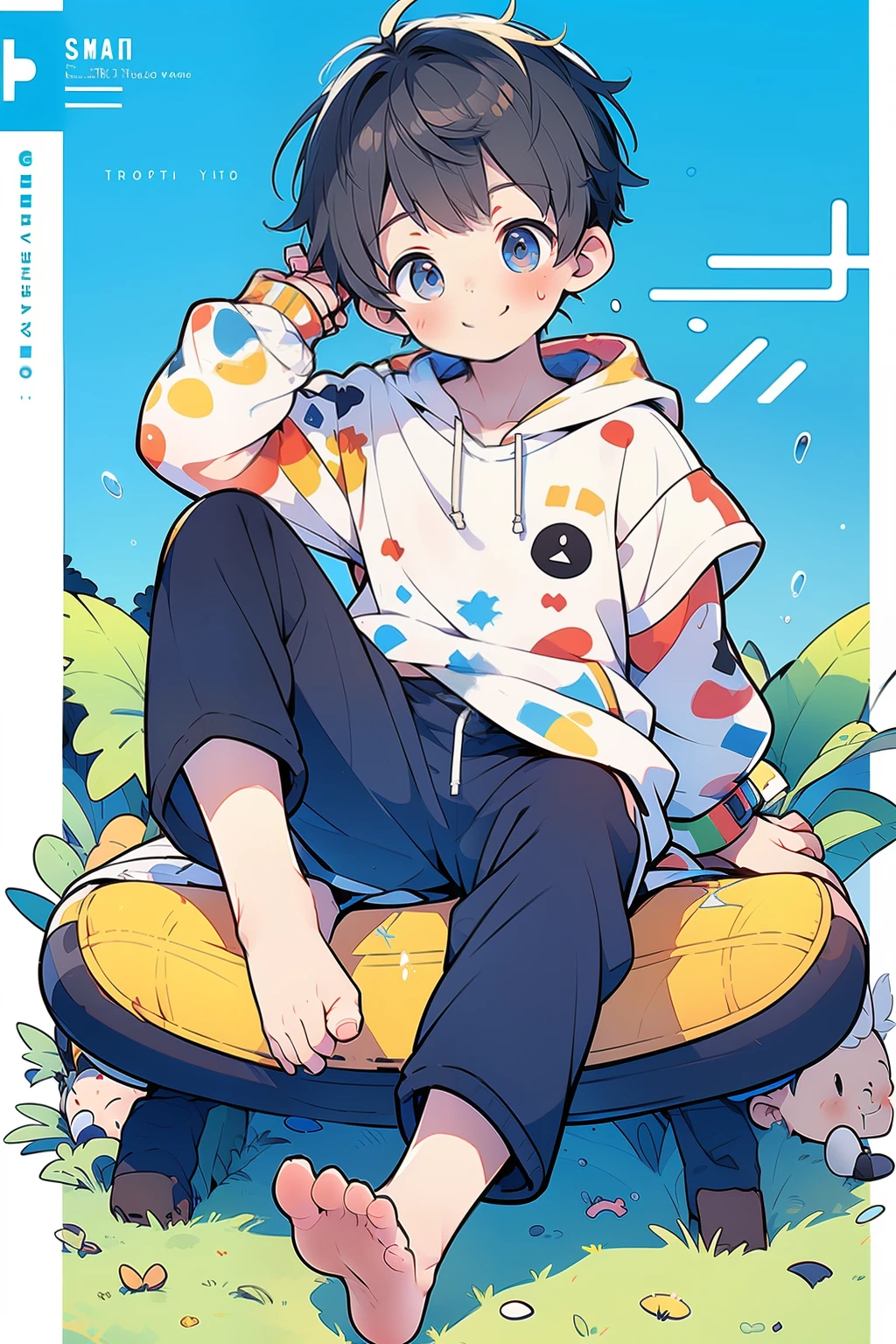 Masterpiece, chubby  boy with black hair and shiny bright blue eyes and barefoot wearing a hoodie, and oversized sweatpants sitting in a train, young, boy, child,l, toddsoft lit, (sweatpants:1.4), (Boy:1.4), (Shota:1.4), (Young:1.4), (Male:1.4), (smiling:1.4), (foot:1.4), (shy:1.4),