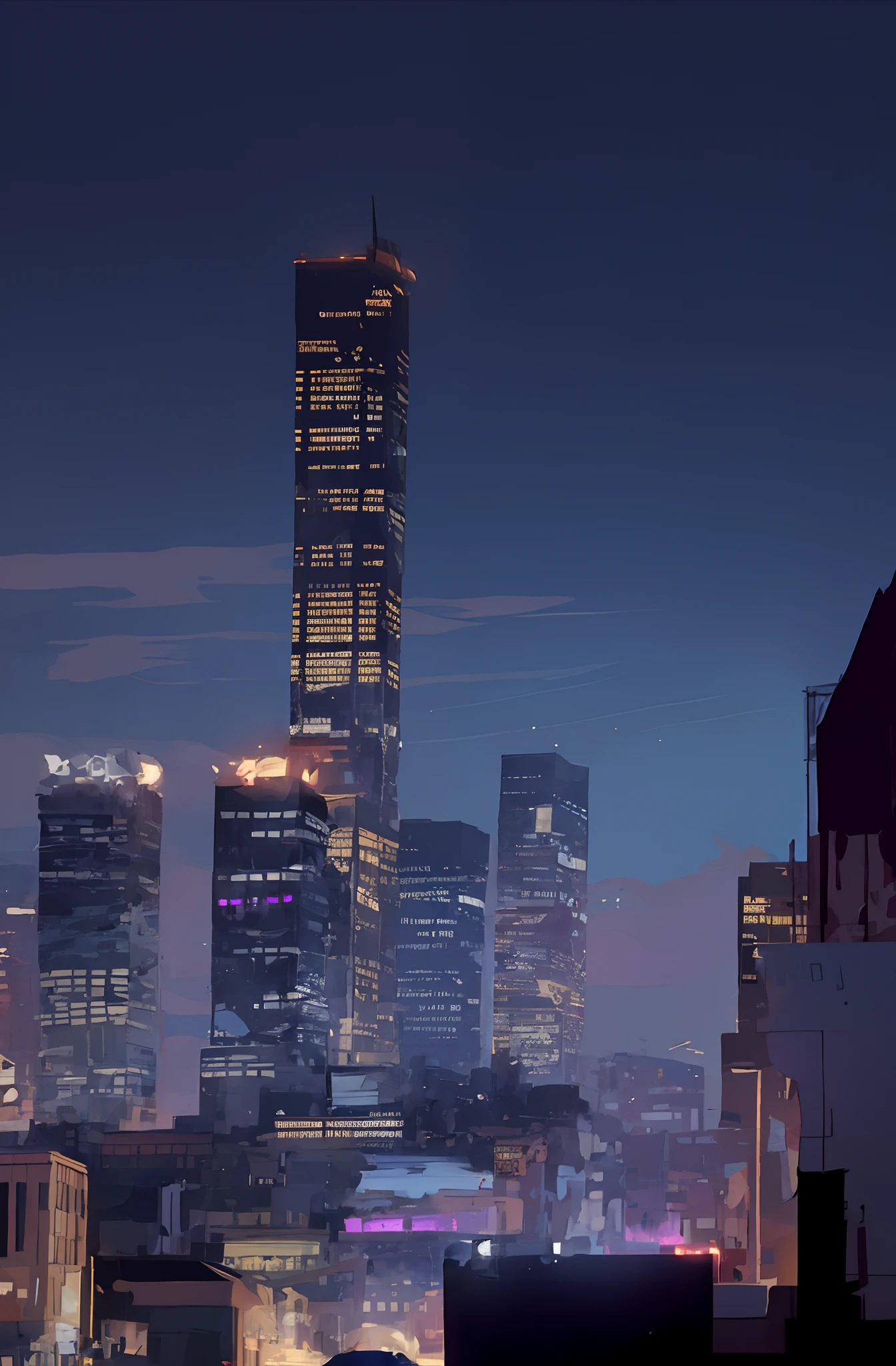 Oil painting painting，Texture，Night view of the city with skyscrapers and clock towers, low details. Digital painting, concept art style, anime style cityscape, hd anime cityscape, urban concept art, Official concept art, Detailed 2D illustration, krenz cushart and wenjun lin, digital painting concept art, ross tran. scenery background, neo tokyo background, 8 k resolution digital painting