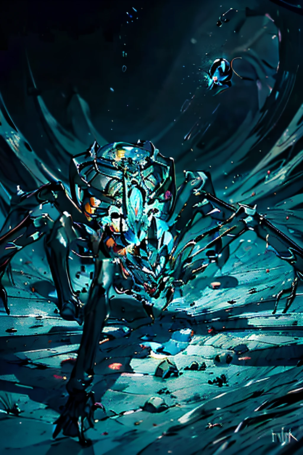 AI Overlord Santa necrons riding on an ice dragon, wearing cape, artificial intelligence, overlord, absolute ruler, glowing led lights, glowing ancient hieroglyphs all over the body, extremely detailed beautiful multicolored glowing piercing eyes, Christmas, cinematic scene, scenery, detailed background, masterpiece, best quality, high quality, absurdres, SimplePositiveXLv2 <lora:xl_more_art-full_v1:1> <lora:necrons_xl_v1:1> <lora:ice_dragon_xl_v1:1>