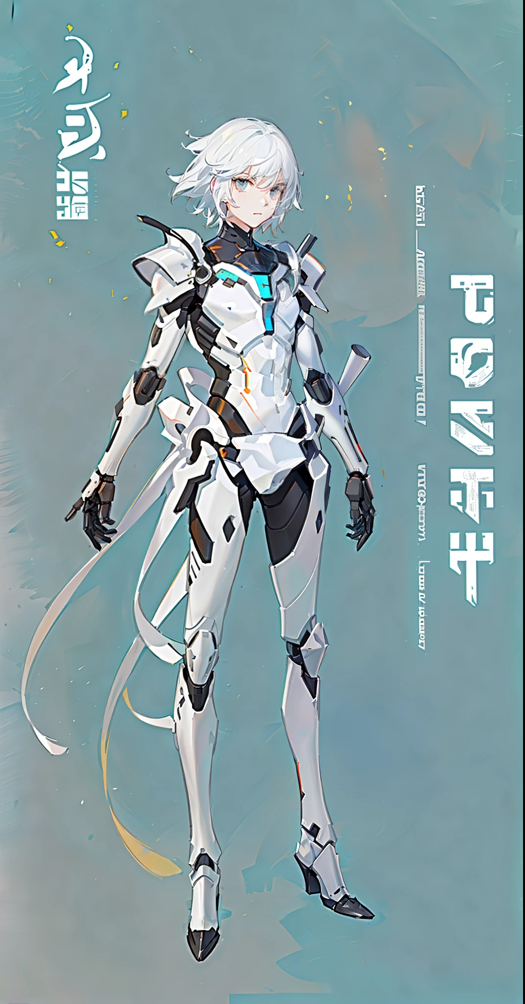 character  design，One dressed in white，red peach, glossy white armor, streamlined white armor, sleek white armor, clothing design, clear outfit design, full body concept, sleek streamlined white armor, detailed white armor, full body adoptable, new costume concept design, sleek bright white armor, modern clean white armor, matt white color armor，1 boy，Male，Young man，The right leg is a mechanical prosthesis，droid，white colored eyelashes，White eyes，White color hair