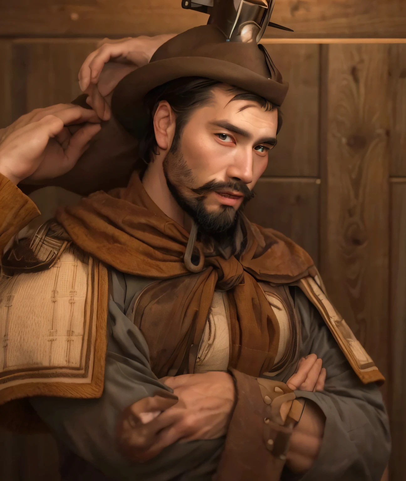 A sexy man, wearing( western cloths), , homoerotic, nsfw ,extremely gorgeous face, ,masterpiece, seductive expression , cowboy ,black hair