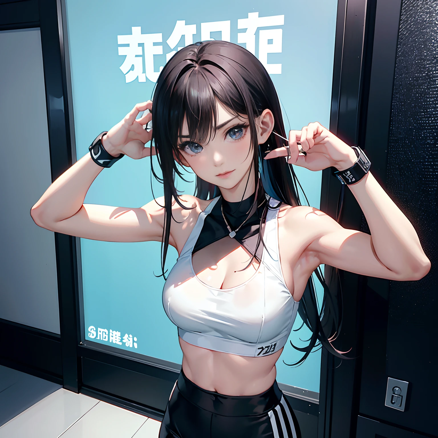 1.	Idade: 22 years old
	2.	big breasts body: 168 cm
	3.	hairstyle on: poneyTail、brunette color hair，Hair length to the middle of the back,,,
	4.	face: Serious and、Sharp eyes。The eyebrows are well shaped，with high cheekbones,
	5.	Body type: musculous，tonedbody。


doress:

	1.	nipple tops: Skinny black sports bra、Transparent white vest on top
	2.	Bottoms: Blue sports leggings。There are white stripes on the sides,,.
	3.	shoes: Memory foam black and white training shoes
	4.	accessorized: A wristband on your wrist supports muscle training。Short silver necklace around the neck

Deadlift pose