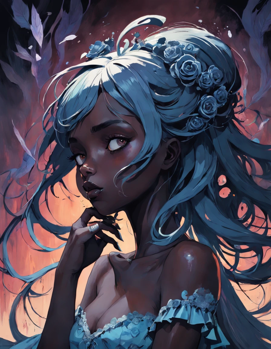 There is ugliness in beauty, But there is also beauty in ugliness. Neogothic. Black skin. 1girl. Beautiful. In the style of Adrian Ghenie, Esao Andrews, Jenny Saville, Edward Hopper, surrealism, Dark Art par James Jean, Takato Yamamoto, Minimalisme inkpunk. In the style of Tim Burton. In the style of Corpse Bride.