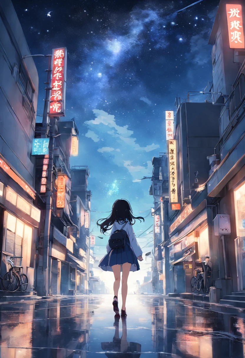 Woman smiling at me on urban background、turned around、A dark-haired、Denim on white shirt、Casket、Starry sky、2 days and months、Dreamy scenery、From a distance、Scenery Main、Building Street、near future、the wind、TOKYOcty、I don't have anything、high-heels、A simply dressed