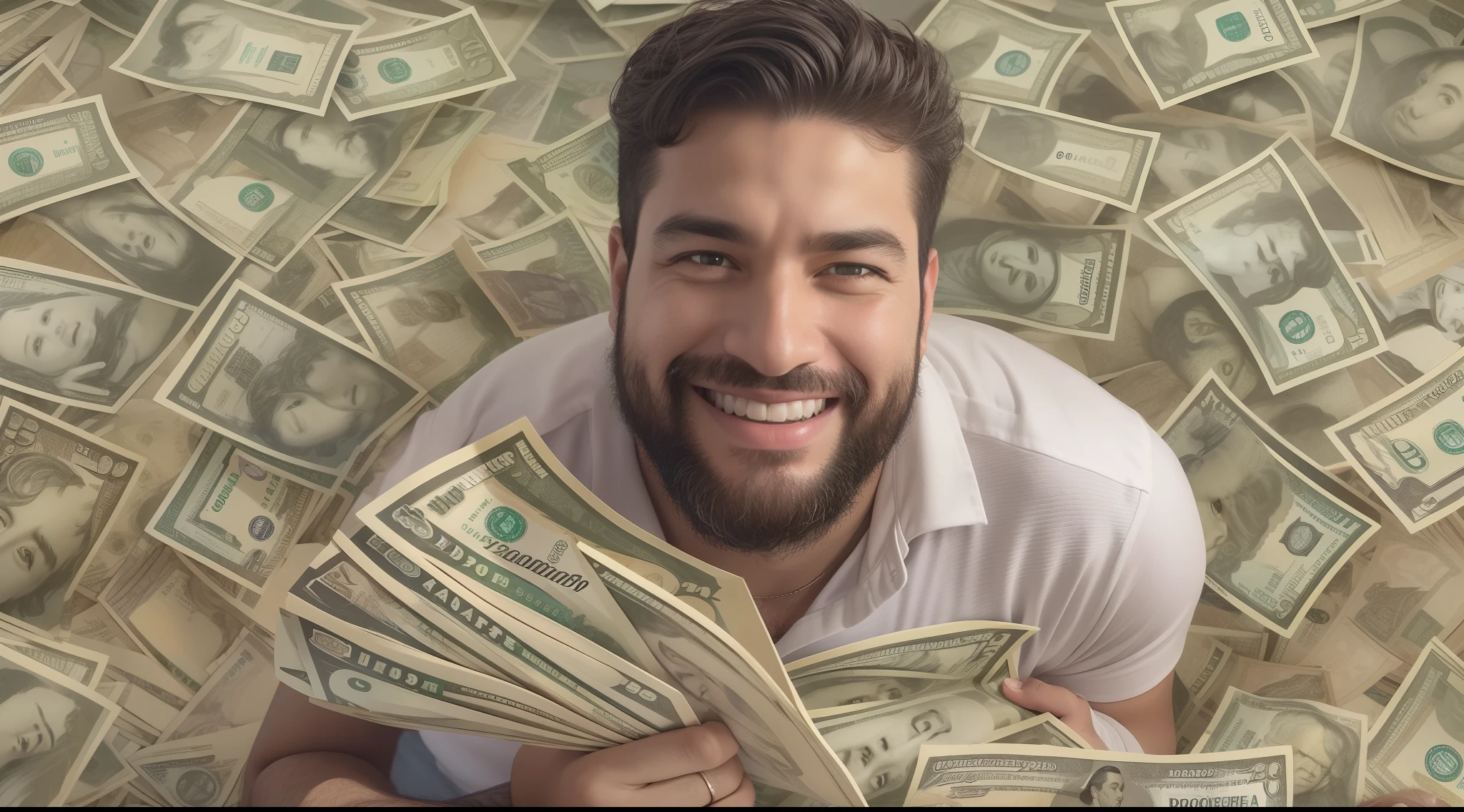 Foto extremamente detalhada realista de um lindo e jovem homem de 36 anos brasileiro gordinho barbudo sorridente em um lindo terno, surrounded by a flood of dollar bills very detailed very realistic, carros de luxo, notas de real, joias caras, epic composition, las vegas, 4k, 8k, 16k, 32k