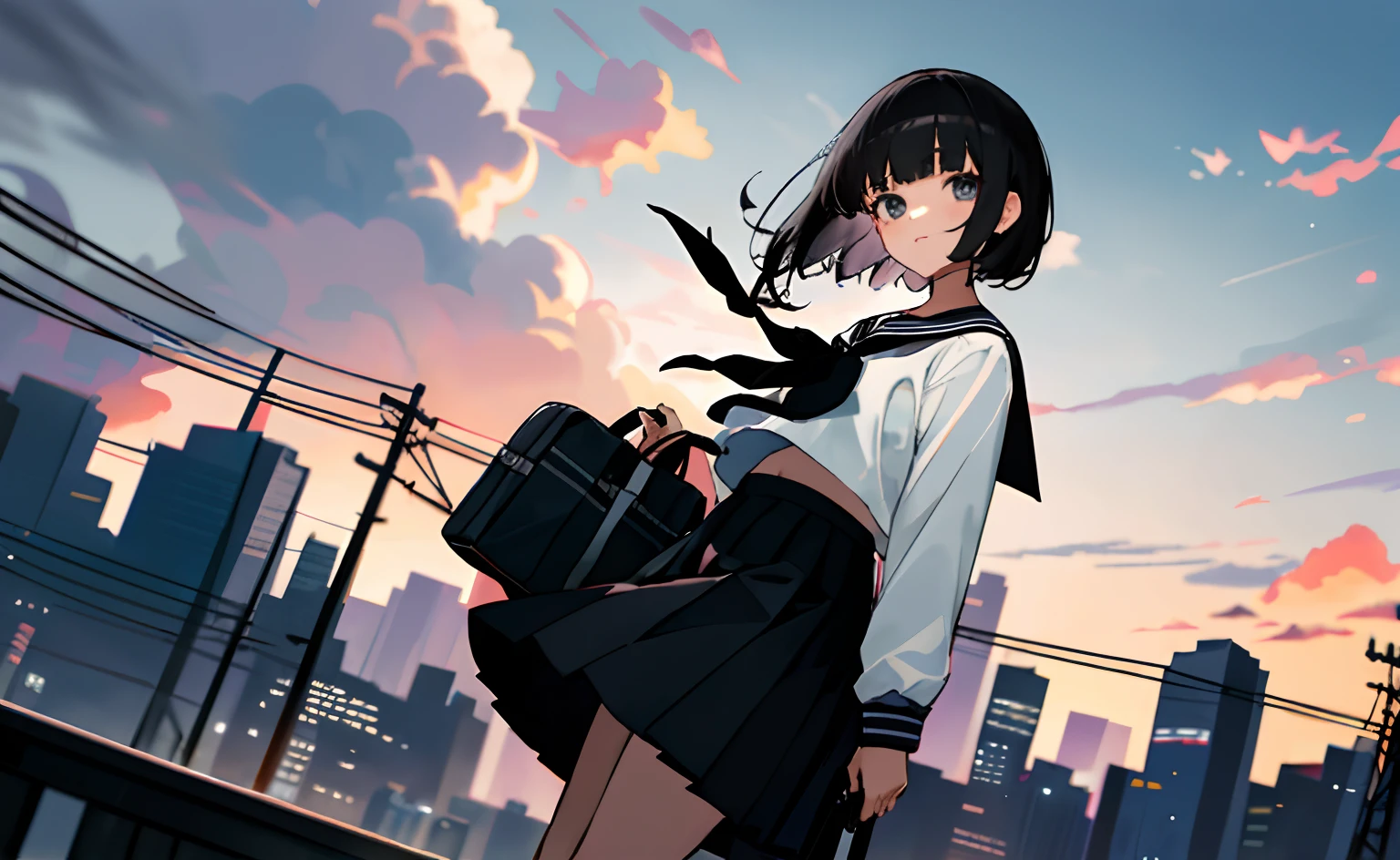 ((Masterpiece,Best quality)),1girll, From below, Solo, school uniform, serafuku, sky, Cloud, Black hair, Skirt, Sailor collar, view the viewer, Short hair, Building, bangs, neckerchief, Long sleeves, Cloudy sky, Power lines, shirt, Cityscape, Pleated skirt, scenery, Blunt bangs, City, Night, Black sailor collar, Closed mouth, Black skirt, Medium hair, bookbag , holding bag, blacksilk ,Loving eyes