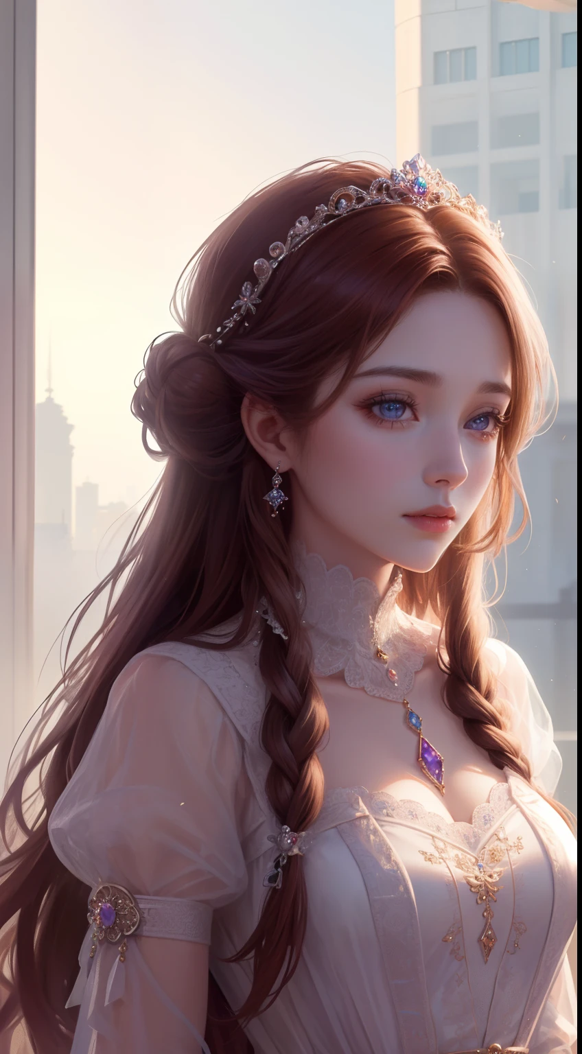 tmasterpiece，Highest high resolution，Dynamic bust of beautiful royal lady，Delicate brown-red braided hair，Purple clear eyes，The hair is covered with beautiful and delicate floral craftsmanship, Crystal jewelry filigree，Ultra-detailed details，upscaled。Beauty effect，softlighting。