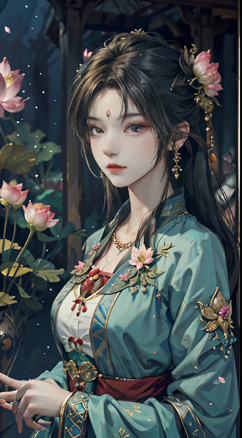 Art depicts a charming woman，Large breasts，Dressed in a flowing manner、Silky traditional oriental dress，In pink，Tight translucent clothing，Tight translucent pants，Decorated with intricate patterns and bright colors。Her dress draped elegantly over her curvy figure，Highlights her seductive silhouette。She stands gracefully by the tranquil Lotus Lake，bathed in the soft glow of the moonlight。The scene exudes an ethereal and dreamy atmosphere，With a touch of mystery and sexiness。The image style incorporates watercolor and digital illustration techniques，It evokes a refined beauty and charm。The lights are filled with soft moonlight，casting soft highlights and shadows on her charming features。Bare thighs，Wear tight translucent pants，Bigchest，Three-dimensional facial features，sitted，your legs，Side braids