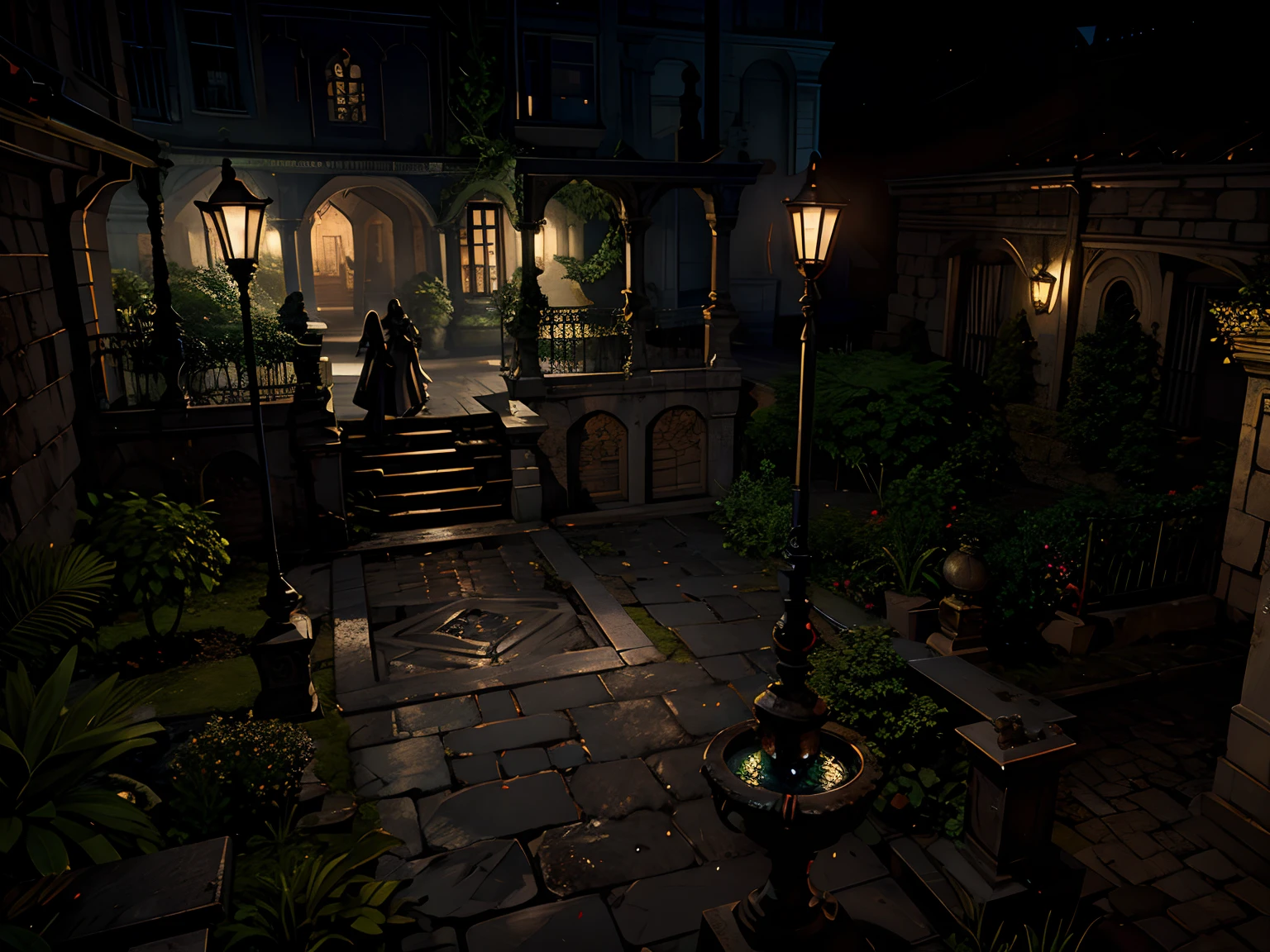 a screenshot of a courtyard with a fountain and a statue, fundo do jogo resident evil, detailed textures and lighting, horror game graphics, PS 2 captura de tela, location of a dark old house, ambiente de horror, ambiente de fantasia sombria, Silent Hill 3 Captura de tela do jogo, dark fantasy setting, Em Unreal motor 3D, detailed lighting and textures, captura de tela do jogo, PS 3 Captura de tela