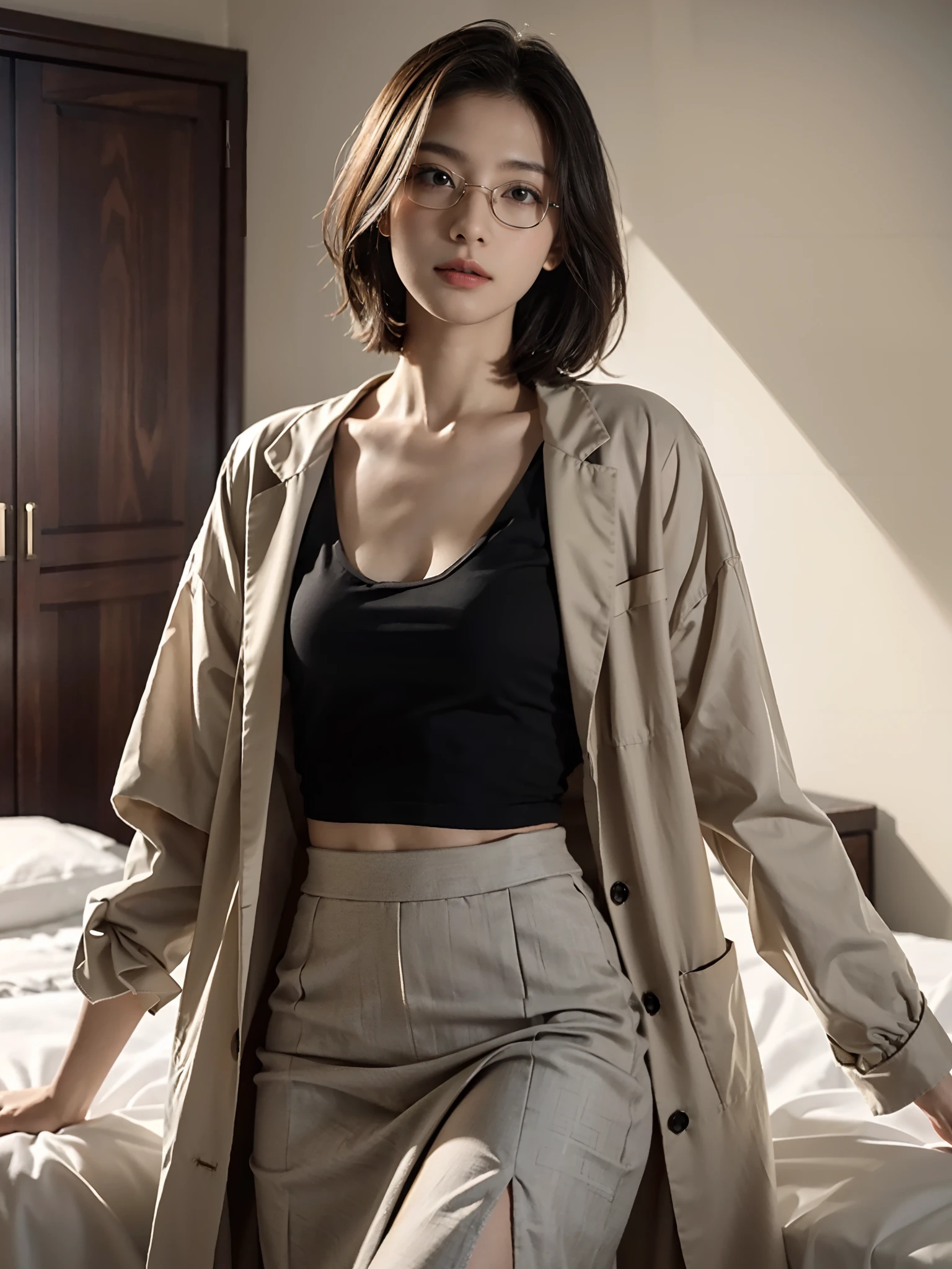 ((smallunderboob,Tomboyish,small heads)), (Well-defined abs: 1.1), (perfect bodies: 1.1), (short-length straighthair: 1.2), Black hair,Wearing glasses， fully body photo, Wearing a gray vest，Doctor clothes，Long white coat，Beige long skirt slit skirt，（极其细致的CG 8k壁纸），（Extremely refined and beautiful），（tmasterpiece），（best qualtiy：1.0），（超A high resolution：1.0），beautiful light up，Perfect lightning，realistic shaded，[A high resolution]，Delicate skin，ultra - detailed (((Colorful)))，in hospital，in a office