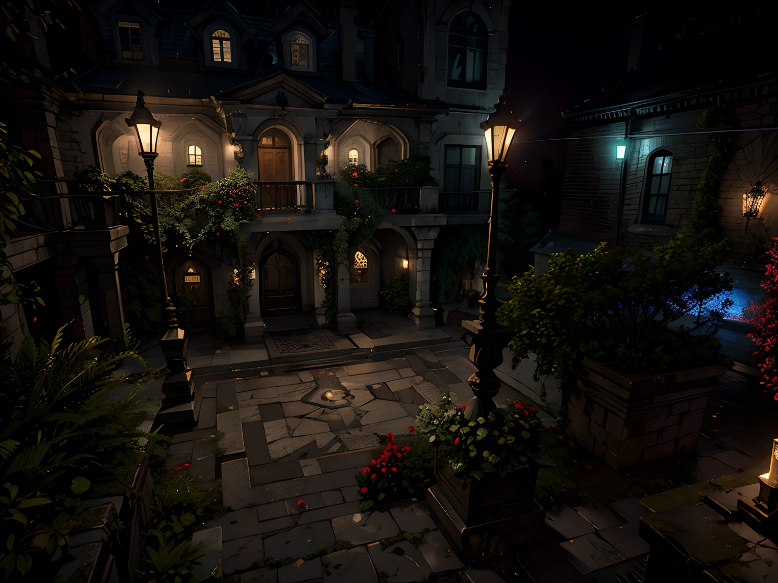 a screenshot of a courtyard with a fountain and a statue, fundo do jogo resident evil, detailed textures and lighting, horror game graphics, PS 2 captura de tela, location of a dark old house, ambiente de horror, ambiente de fantasia sombria, Silent Hill 3 Captura de tela do jogo, dark fantasy setting, Em Unreal motor 3D, detailed lighting and textures, captura de tela do jogo, PS 3 Captura de tela