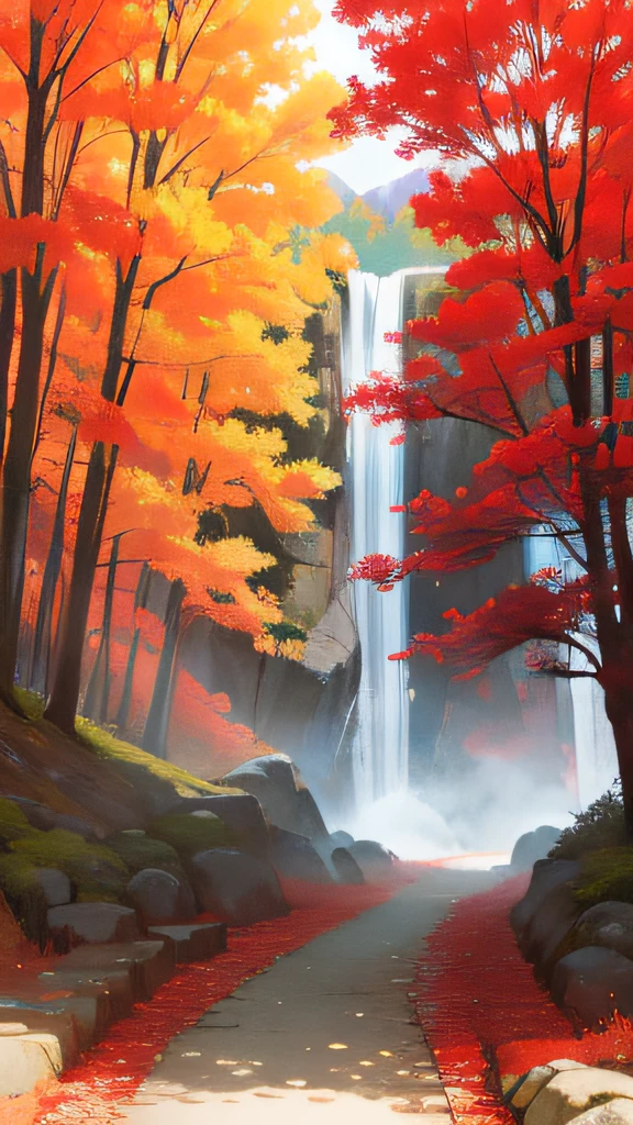 Red Forest, Extraordinary colorful landscape, stunning nature, beautiful iphone wallpaper, red trees, Stone path between tall trees, Beautiful waterfall niji in the forest during the day,with blue sky and white clouds,Far Mountain,