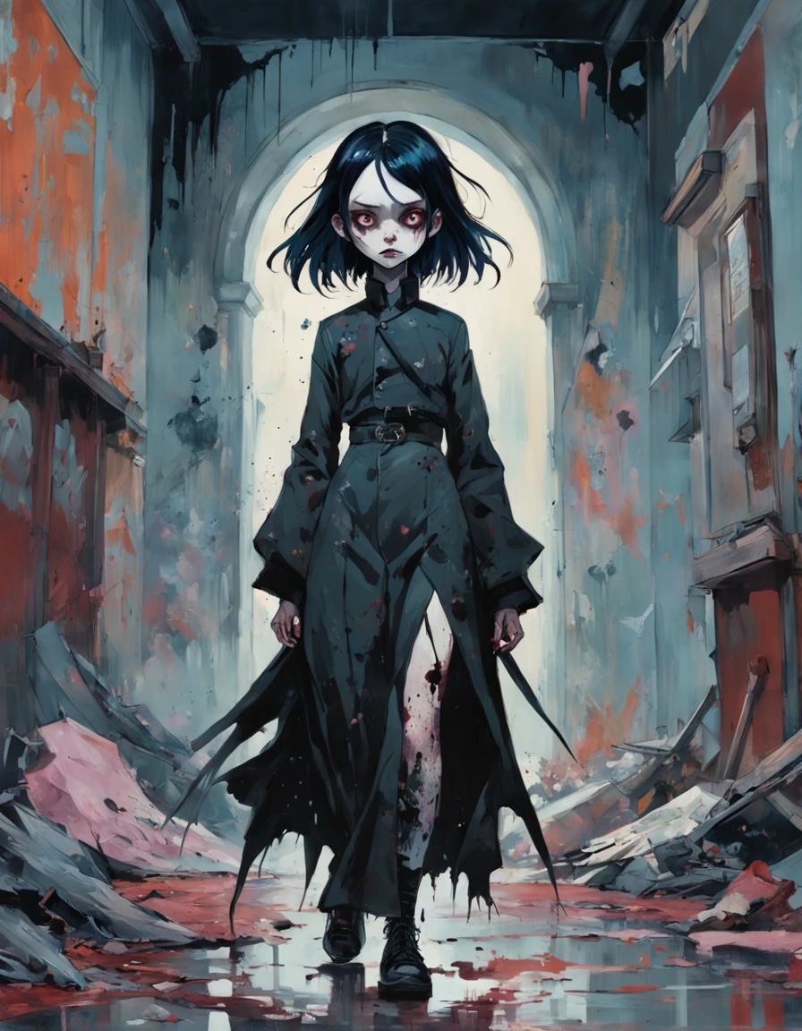 medium shot, Goth_punk, 1girl, solo, walking in citadel, looking at viewer. Gothic. Neogothic. Splatter. In the style of Adrian Ghenie, Esao Andrews, Jenny Saville, Edward Hopper, surrealism, Dark Art par James Jean, Takato Yamamoto, Minimalisme inkpunk. Dans le style de Tim Burton. Dans le style de Corpse Bride.