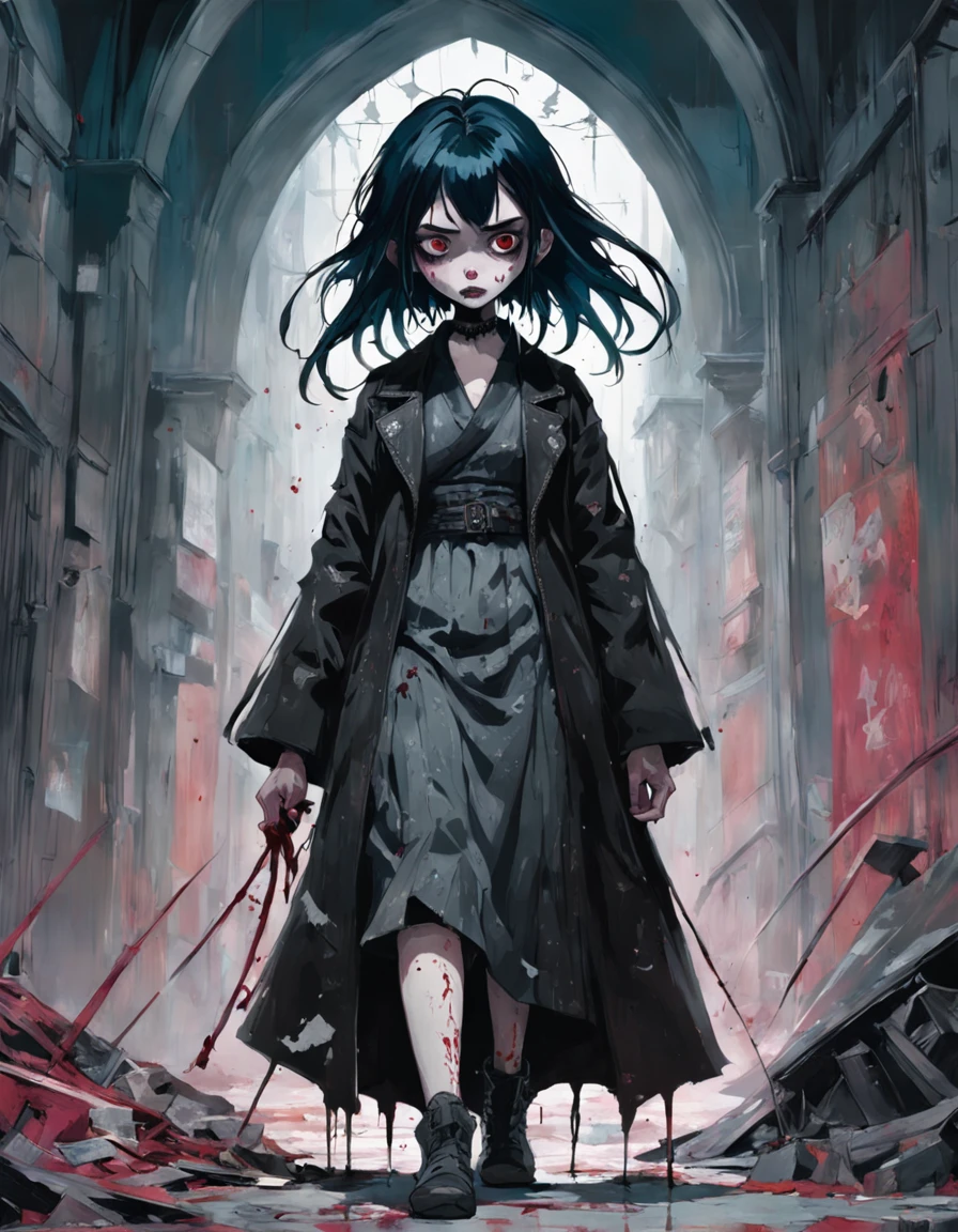 full body of naked girl with dark medium curly hair, covered in blood and guts, standing in the rain on a city street, sexy pose, horror style