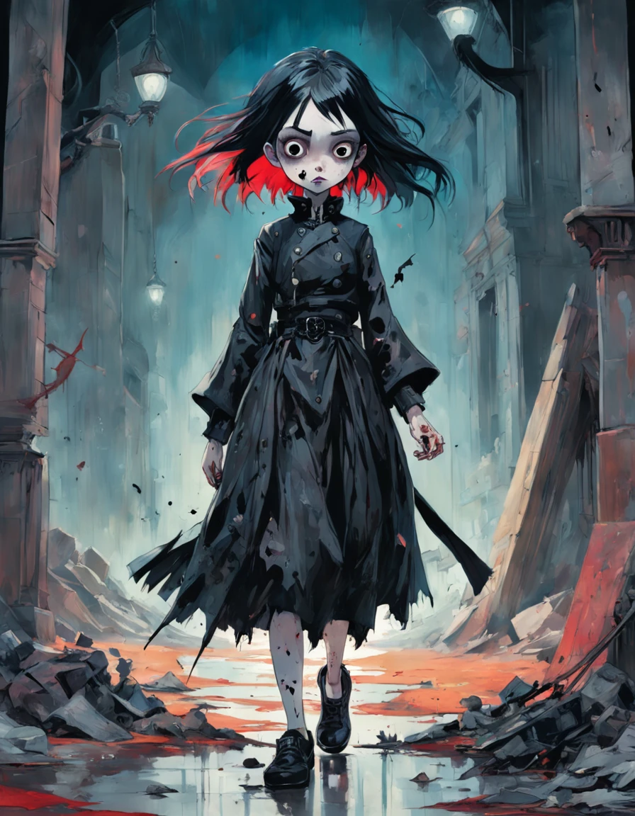medium shot, Goth_punk, 1girl, solo, walking in citadel, looking at viewer. Gothic. Neogothic. Splatter. In the style of Adrian Ghenie, Esao Andrews, Jenny Saville, Edward Hopper, surrealism, Dark Art par James Jean, Takato Yamamoto, Minimalisme inkpunk. Dans le style de Tim Burton. Dans le style de Corpse Bride.