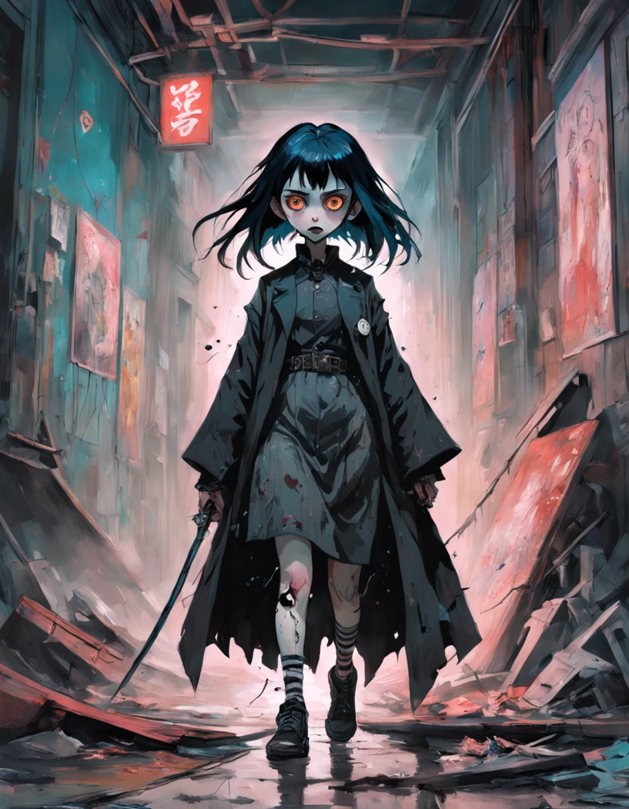 medium shot, Goth_punk, 1girl, solo, walking in citadel, looking at viewer. Gothic. Neogothic. Splatter. In the style of Adrian Ghenie, Esao Andrews, Jenny Saville, Edward Hopper, surrealism, Dark Art par James Jean, Takato Yamamoto, Minimalisme inkpunk. Dans le style de Tim Burton. Dans le style de Corpse Bride.