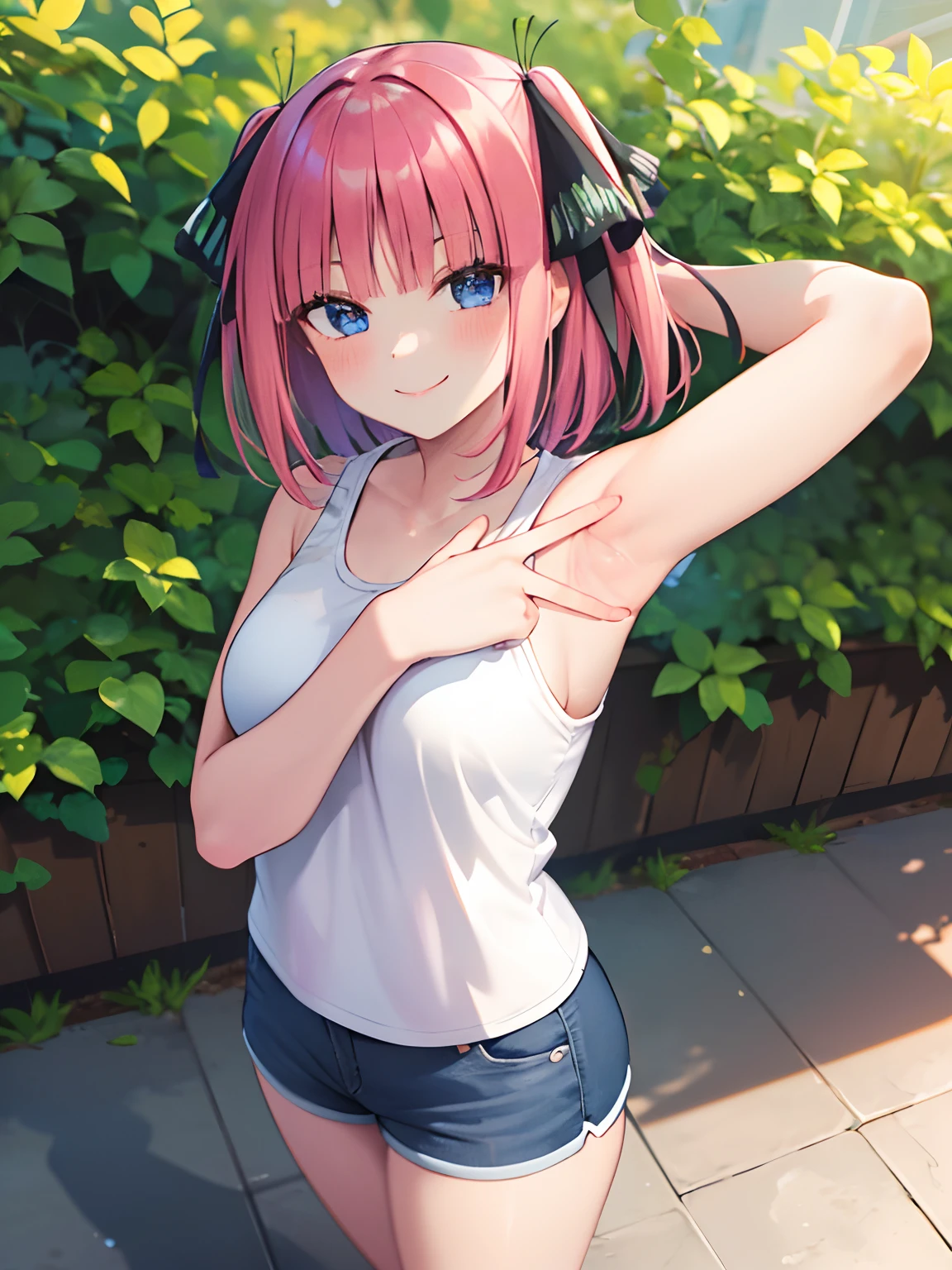 masterpiece, 4k, (best quality:1.2), (highly detailed:1.2), detailed shadows, nn1, 1girl, hair ribbon, short hair, wear white tanktop, shortpants, smile, blush, sunlight, day, outdoor, standing, spread armpit