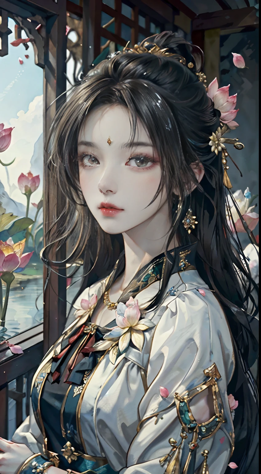 ((Best Quality)), ((Masterpiece)), (Details: 1.4), 3D, A Beautiful Female Figure, HDR (High Dynamic Range), Ancient Chinese Costumes, Satin Clothing, Feminine and Sexy, White Cheongsam, Green Hair Accessories, Tassel Earrings, Ray Tracing, NVIDIA RTX, Super-Resolution, Unreal 5, Subsurface Scattering, PBR Textures, Post Processing, Anisotropic Filtering, Depth of Field, Maximum Sharpness and Clarity, Multi-layer textures, albedo and specular mapping, surface shading, accurate simulation of light-material interactions, perfect proportions, Octane Render, two-color light, large aperture, low ISO, white balance, rule of thirds, 8K RAW, ultra-fine detail facial features, facial details, finger details