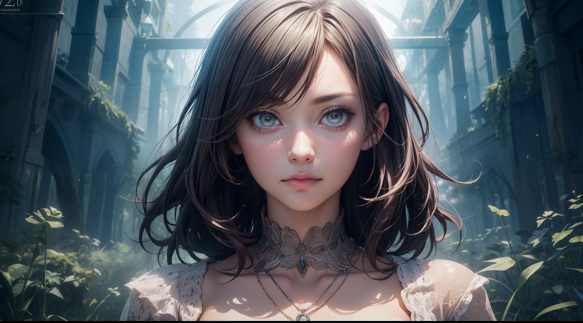 village field peasant woman, 24-year-old female, (face detail), magic lights, magic necklace, dress, neckline, (lacy), [[((forest)):((field)):0.25]:((village)):0.6], train on background, magic technologies, futurism, fantasy, magic, silk, 1girl, masterpiece, best quality, decollete, natural breasts, slim body, zettai ryouiki, medium length hair, (beautiful detailed bright eyes), portrait, (full body), (beautiful and aesthetic:1.2, fractal art:1.4), most realistic, hyper-realistic, RAW, highest quality, best quality, Detailed, Realistic, 4k highly detailed digital art, octane render, bioluminescent, (cool_color), best pixels, 8k ultra, extremely detailed CG unity 8k wallpaper, cinematic lighting
