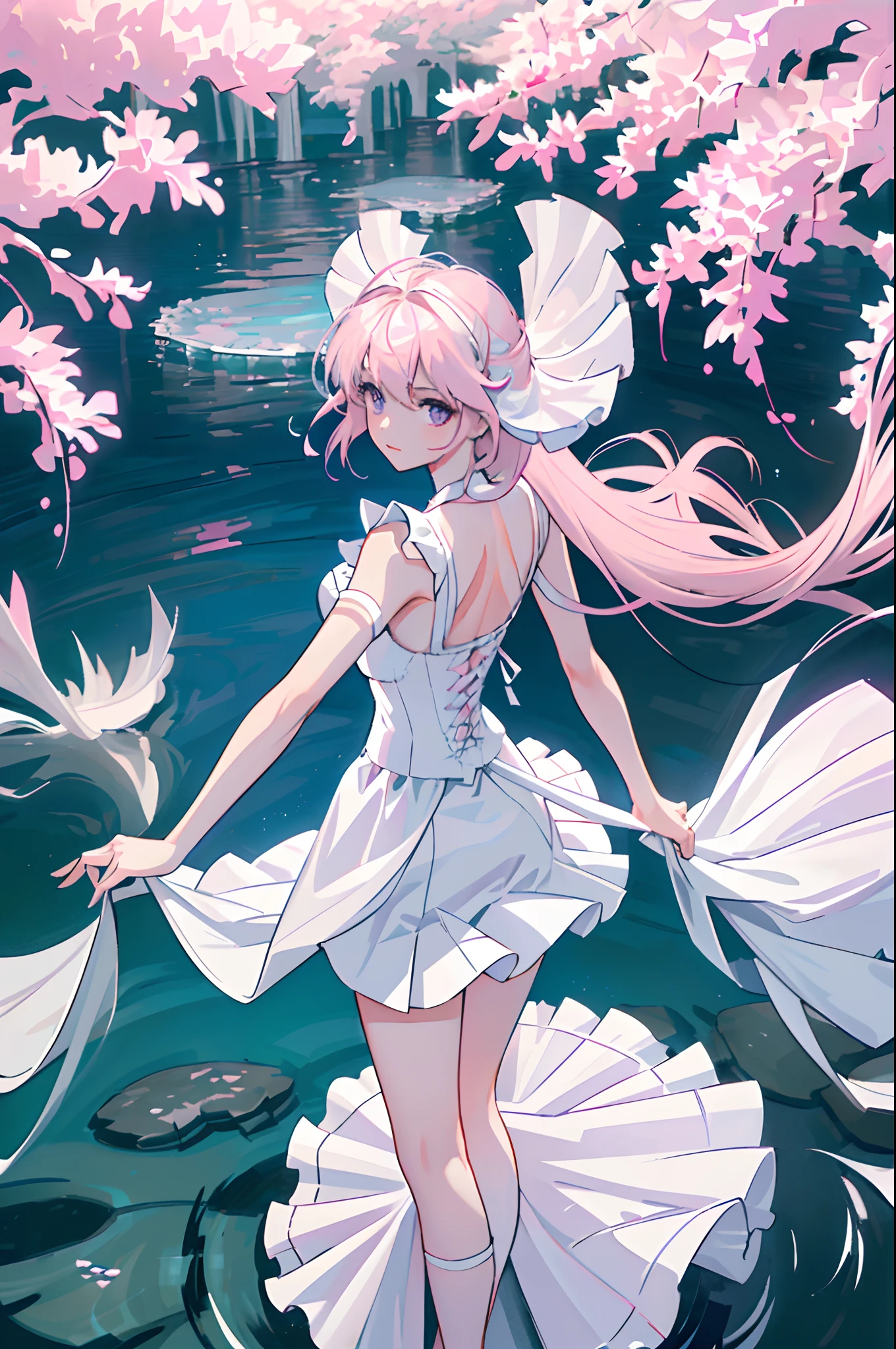 ((Masterpiece, Best quality)), (1girll), (Solo), (female focus), ( Light pink hair, Extra-long hair), Light purple eyes, ((White thin strap top)，(White dress)，(Lace)，(Short ruffled white skirt)), (((It is surrounded by water))),((Water))，standing, White background, arms back behind