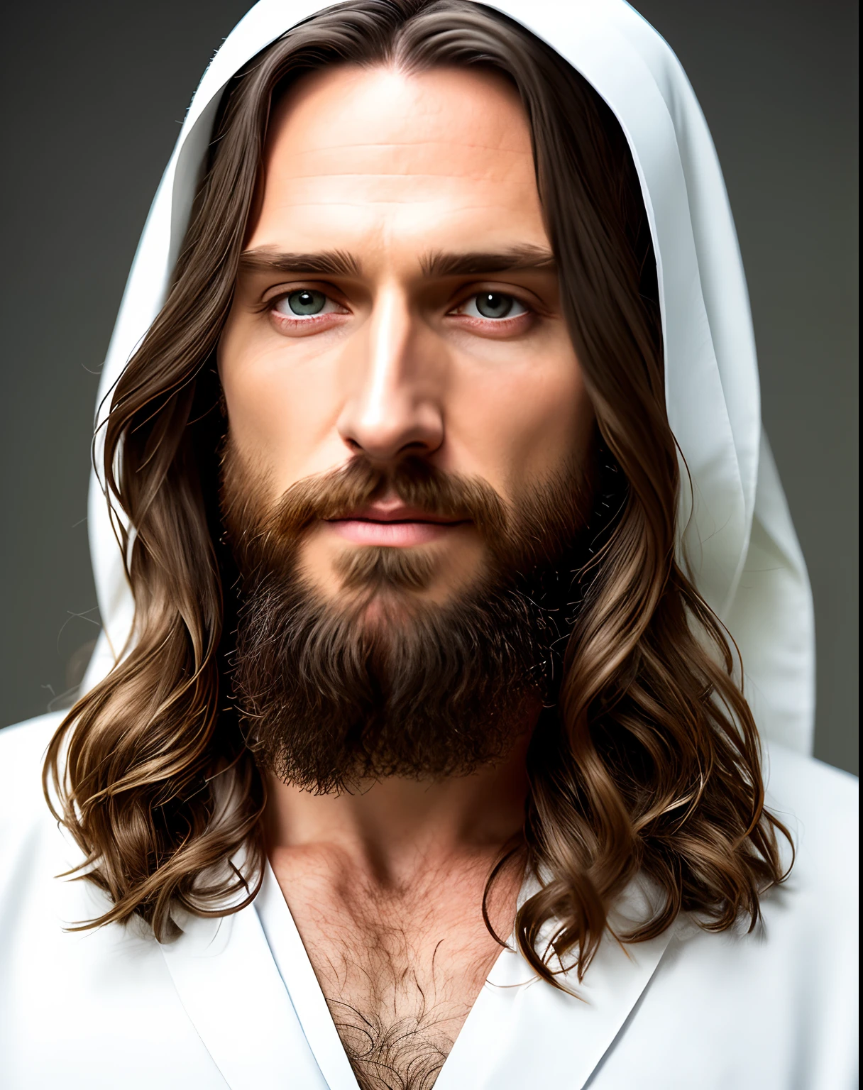 (symmetry),centered,a ((close)) up portrait,(Jesus),a very thin white man with long hair and a beard,wearing a long white robe,35mm,natural skin,clothes  detail, 8k texture, 8k, insane details, intricate details, hyperdetailedhighly detailed,realistic,soft cinematic light,HDR,sharp focus, ((((cinematic look)))),intricate, elegant, highly detailed