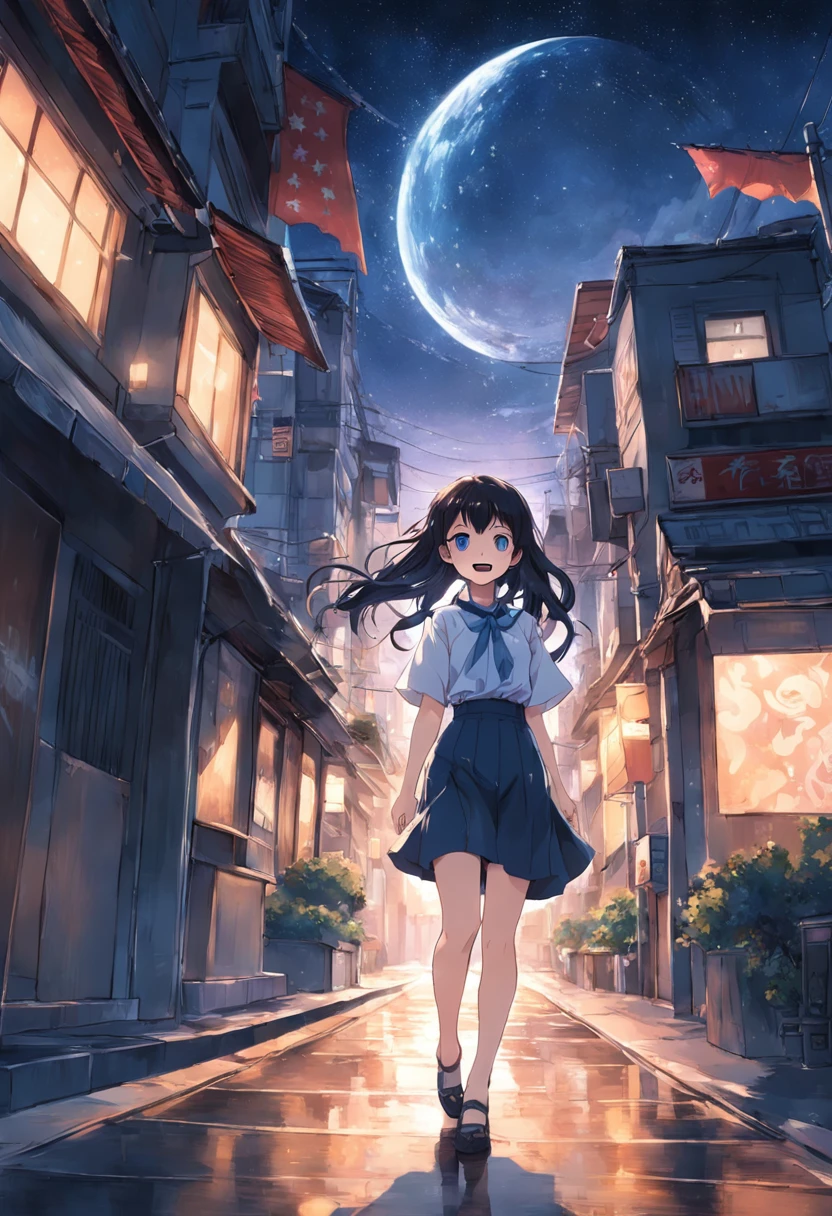 Woman smiling at me on urban background、While turning around、A dark-haired、Denim on white shirt、Casket、Starry sky、2 days and months、Dreamy scenery、From a distance、Scenery Main、Building Street、near future、the wind、TOKYOcty、I don't have anything、high-heels、A simply dressed