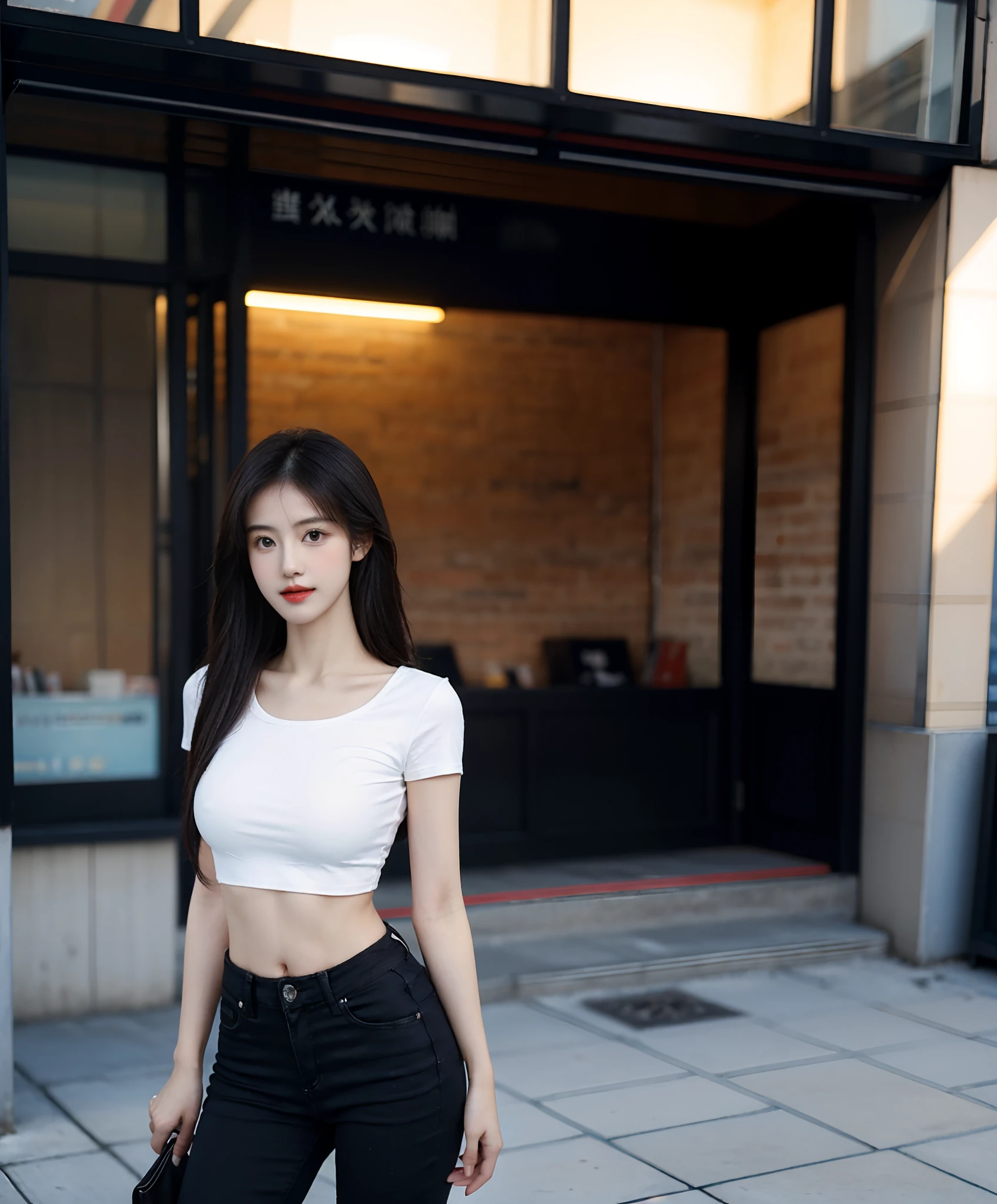 Girl posing for photo in white bra and black skinny denim, full body portrait, cropped t-shirt, bra and streetwear, slim figure, smaller bust, slim girl model, 24 year old female model, white high heels, standing posture,