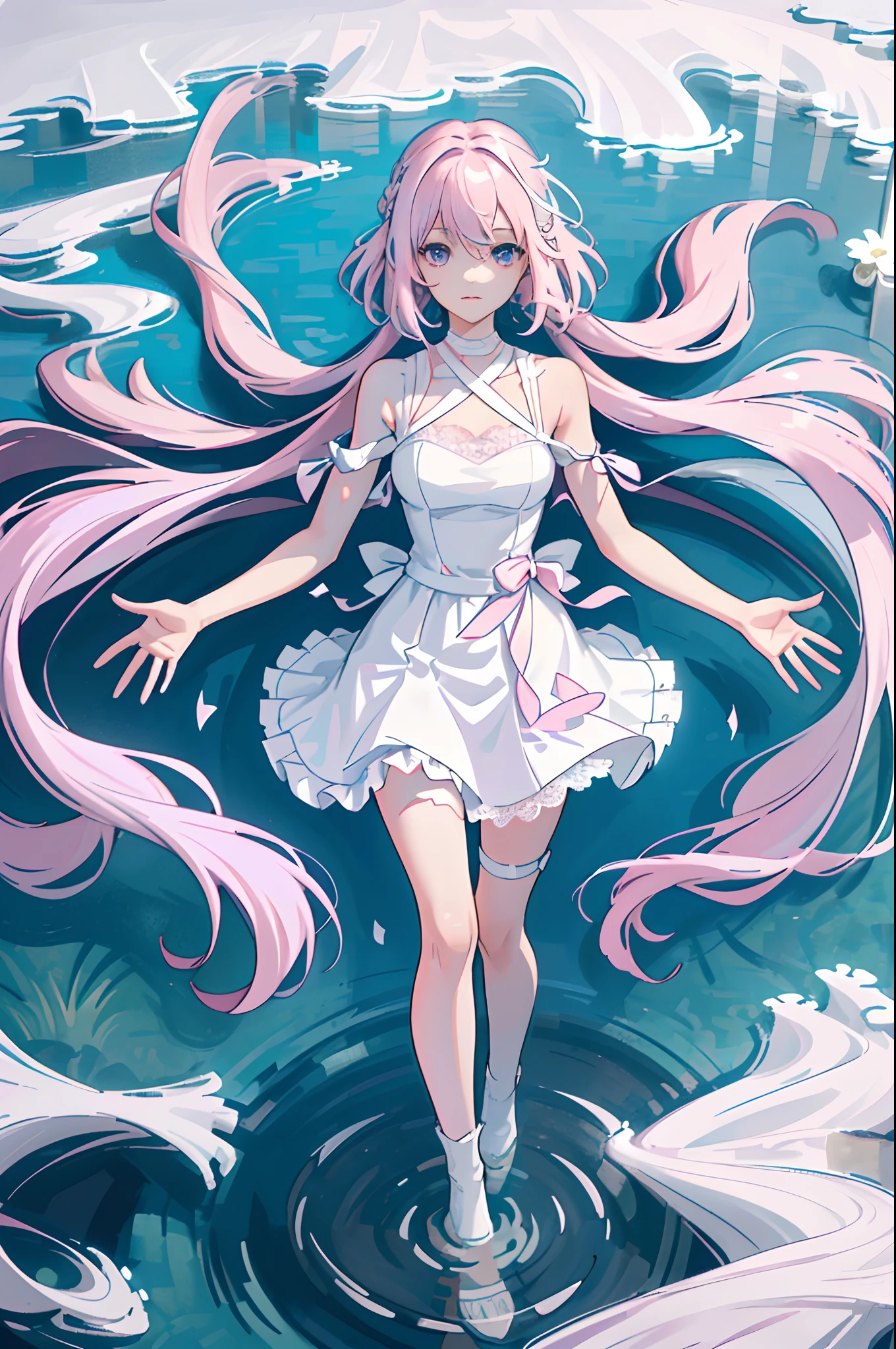 ((Masterpiece, Best quality)), (1girll), (Solo), (female focus), ( Light pink hair, Extra-long hair), Light purple eyes, ((White thin strap top)，(White dress)，(Lace)，(Short ruffled white skirt)), (((It is surrounded by water))),((Water))，standing, White background, arms back behind