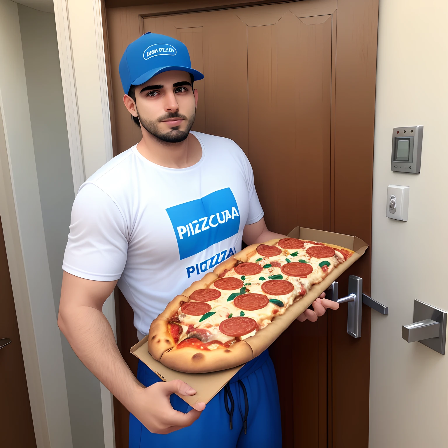 Foto real, Homem, Entregador de pizza, na porta, foto Realista, cara de surpresa, caixa de pizza, preocupado, assustado