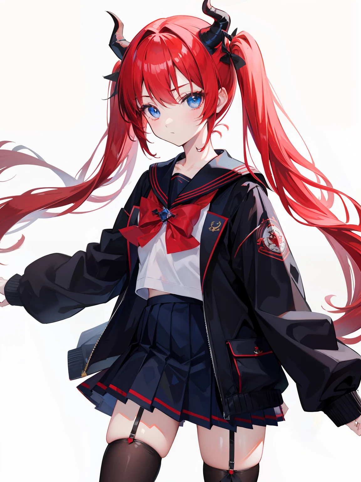 red hair, blue eyes, twintails, Sailor suit,black coat, Dragon horns,Pleated skirt,solo,li,cute,bow