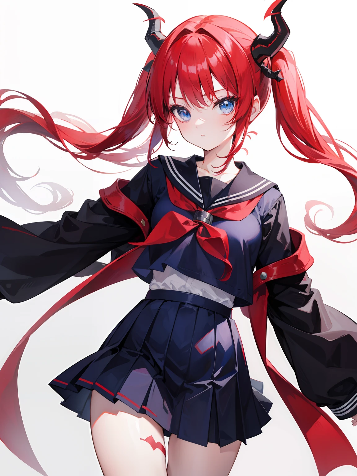 red hair, blue eyes, twintails, Sailor suit,black coat, Dragon horns,Pleated skirt,solo,,cute,bow