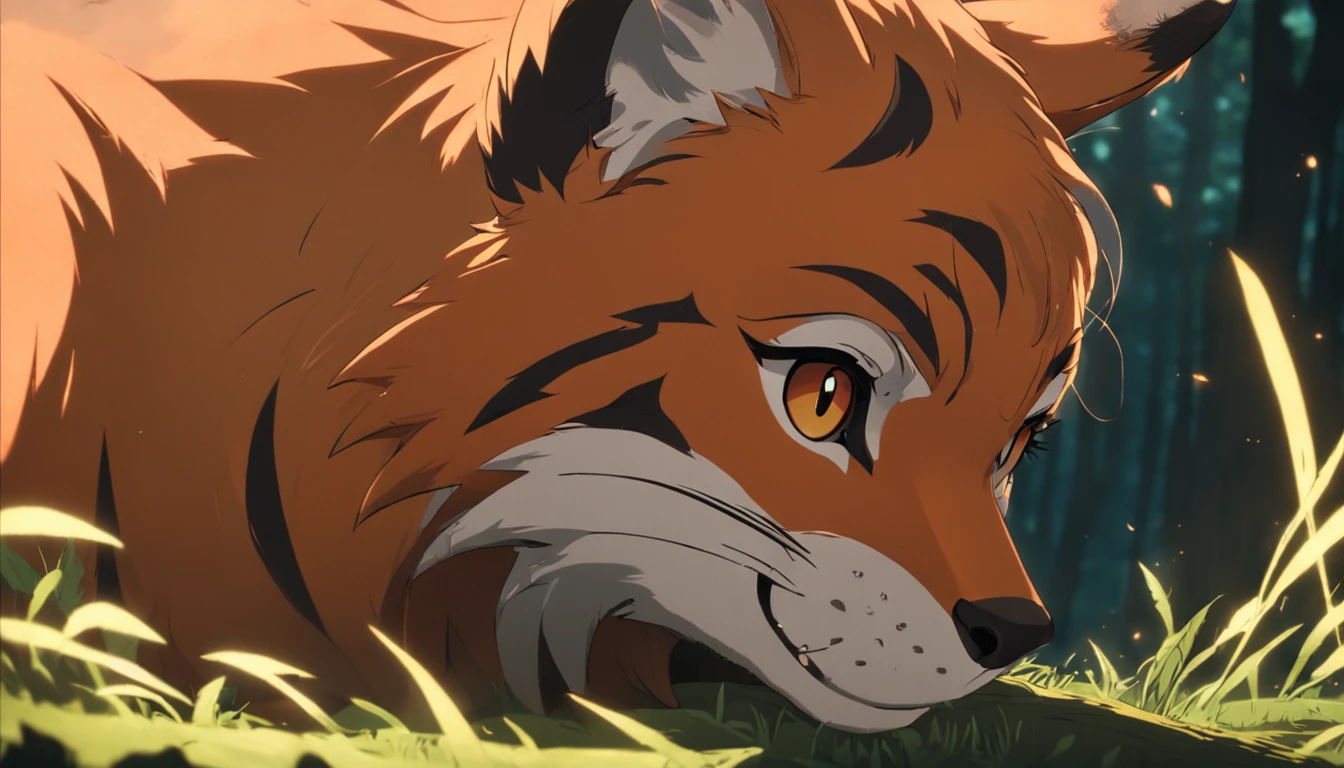 tmasterpiece, best qualityer, cinematic Film still from, a fox，one tiger, Close-up Shot Shot， cheerfulness, Soft lighting and warmth, Look up at the sky in the forest