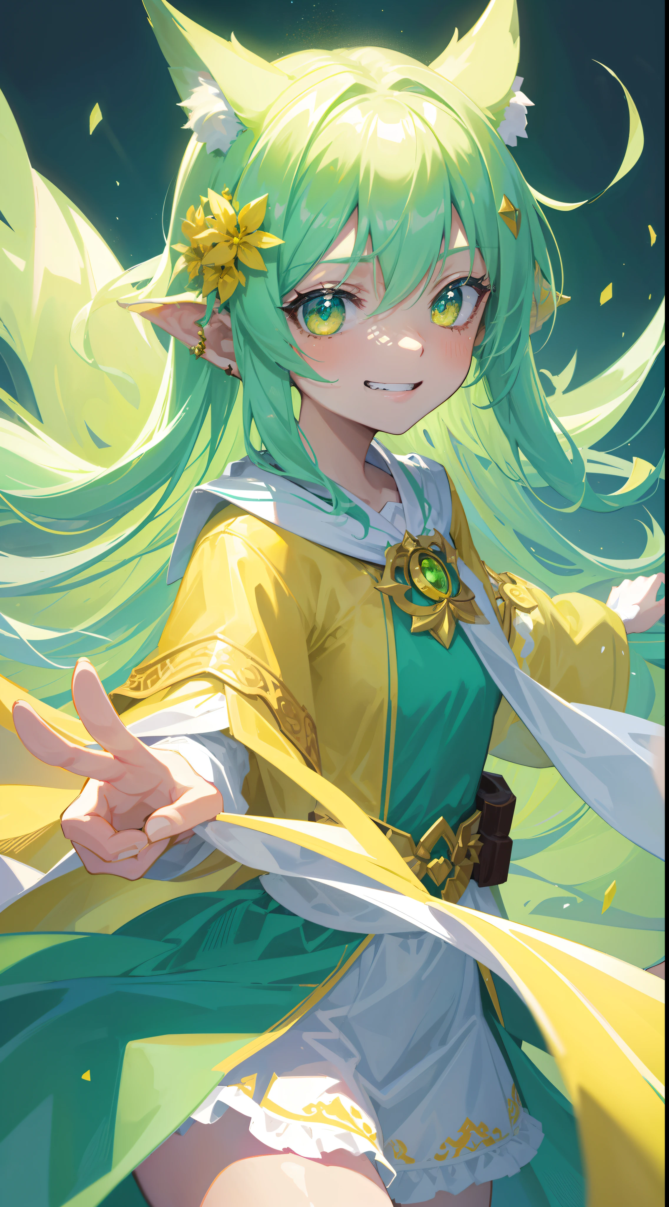 {{Best quality}}, {{Masterpiece}}, {{super ultra detail}}, {{illustration}}, {{Detailed light}}, one-girl，Lime yellow，Gradient, Turquoise eyes,  style, beast ear，The robes of the priests,horrifying grin