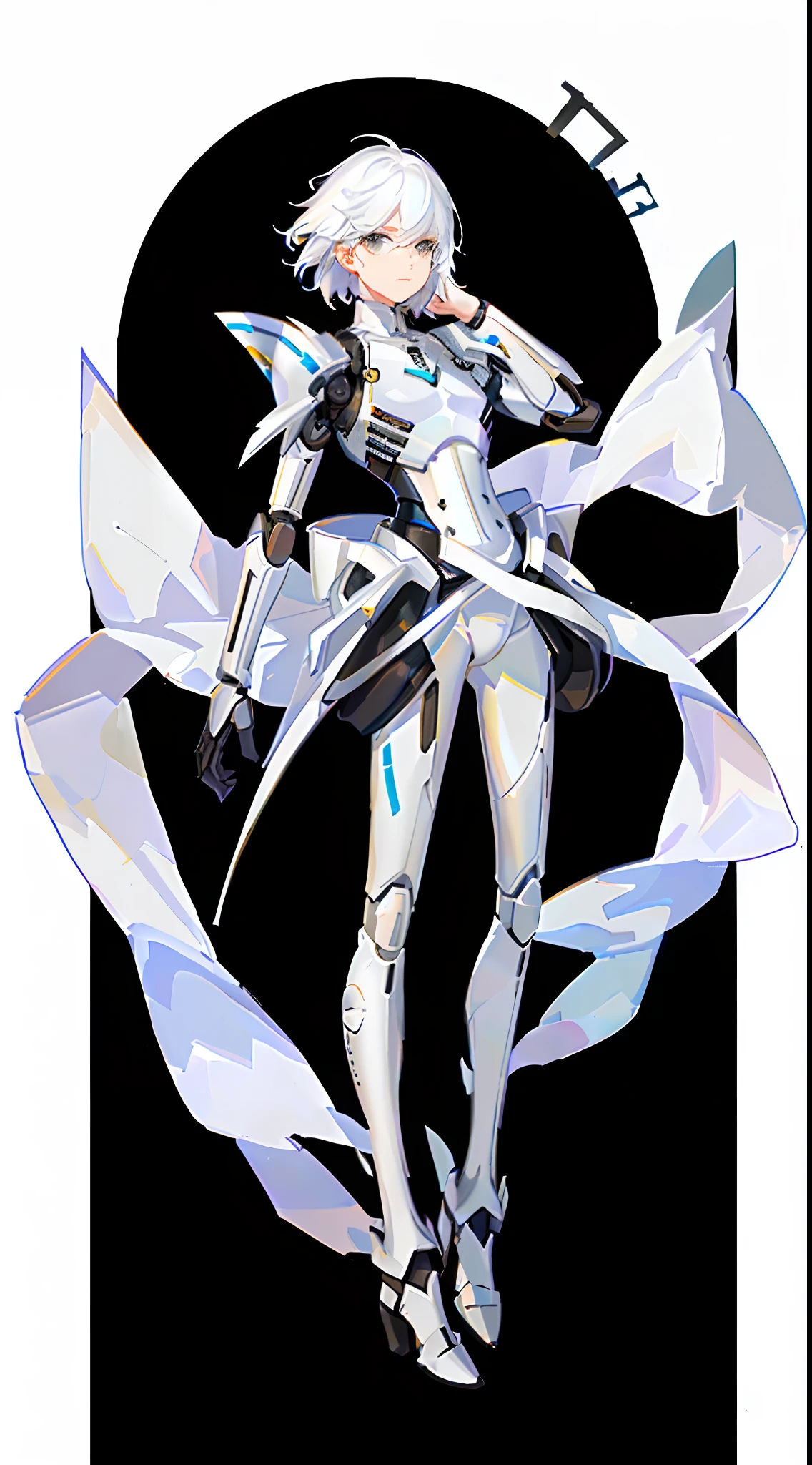 character  design，One dressed in white，Hearts, glossy white armor, streamlined white armor, sleek white armor, clothing design, clear outfit design, full body concept, sleek streamlined white armor, detailed white armor, full body adoptable, new costume concept design, sleek bright white armor, modern clean white armor, matt white color armor，1 boy，male，young man，The right leg is a mechanical prosthesis，droid，white colored eyelashes，White eyes，white color hair