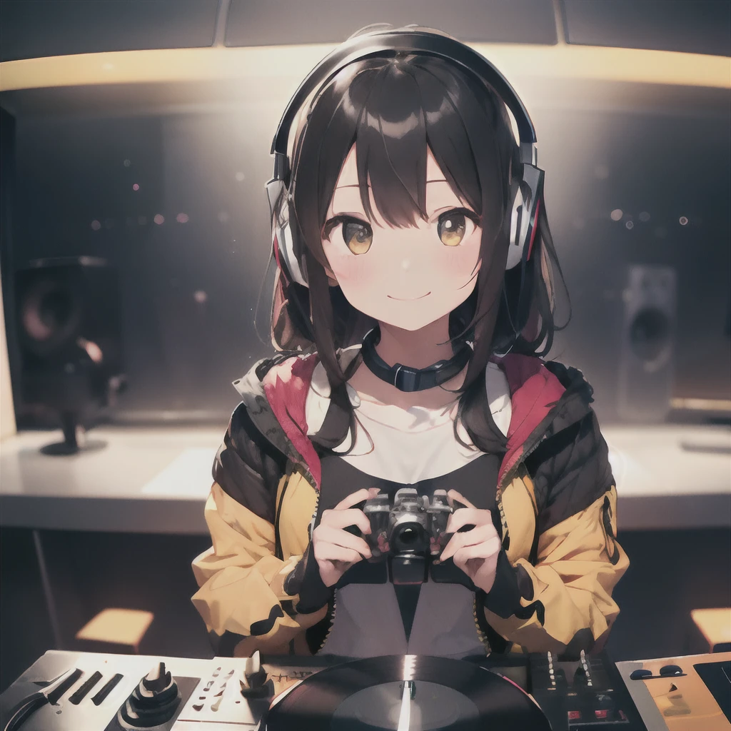 (1 girl、A dark-haired、straight haired、hair adornments、ssmile、A smile、small tits、cute face)、Yellow jacket、Black pants、full body Esbian、camera view、Turntables on both sides of the mixer console、masterpiece、top-quality、nffsw、Wearing headphones on your neck