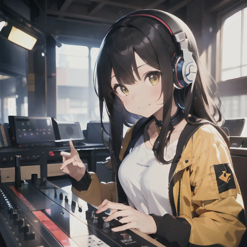 (1 girl、A dark-haired、straight haired、hair adornments、ssmile、A smile、small tits、cute  face)、Yellow jacket、Black pants、full body Esbian、camera view、Turntables on both sides of the mixer console、​masterpiece、top-quality、nffsw、Wearing headphones on your neck