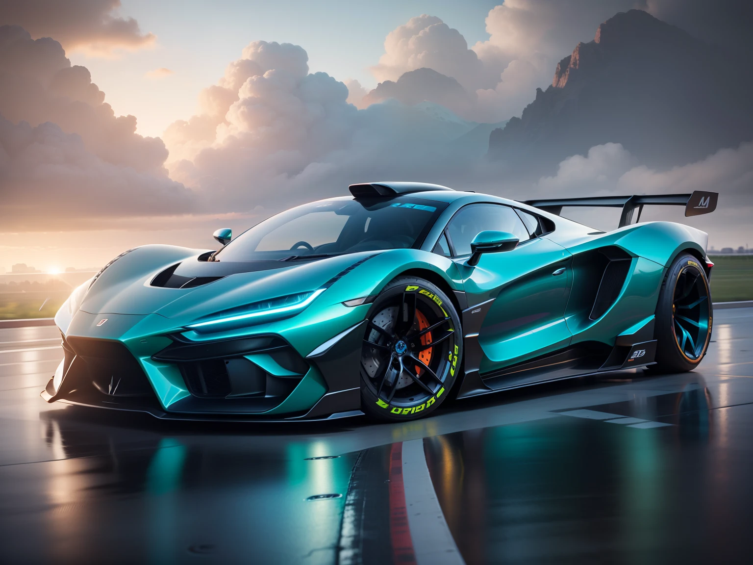 a supercar of the future, the color of an iridescent peacock, with visual aggressiveness, track equipped futuristic technology, augmented aerodynamic reality providing an immersive driver experience, professional automotive photography, 64k resolution hyperdetailed.