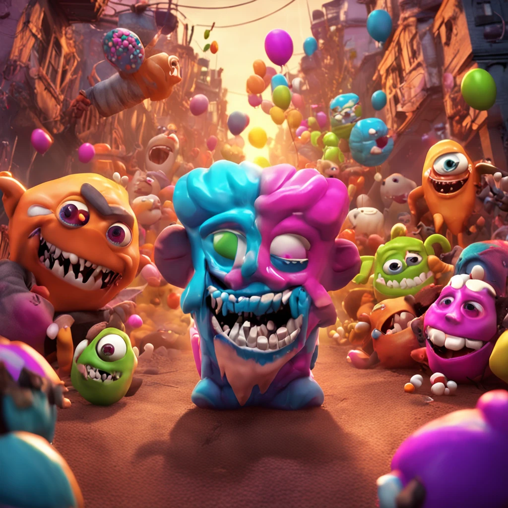 melhor qualidade, master part, ultrahigh-resolution, (fotografia realista:1.4), scene from a horror movie based on the mobile game Candy Crush, monstros feitos de doce, cena horripilante, dentes e olhos assustadores, pessoas sendo devoradas por doces