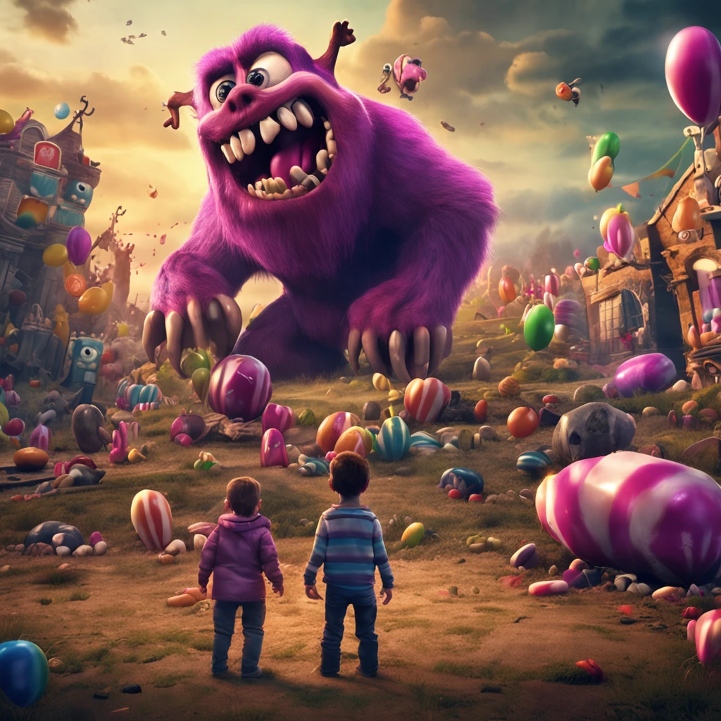 melhor qualidade, master part, ultrahigh-resolution, (fotografia realista:1.4), scene from a horror movie based on the mobile game Candy Crush, monstros feitos de doce, cena horripilante, dentes e olhos assustadores, pessoas sendo devoradas por doces