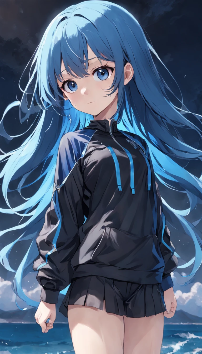 Vtuber、Standing picture、whole body、light blue、black long hair、cyber-、big breasts、Stand up straight、front、lovely、Jersey Clothing、黒とlight blueの服、wearing a hood、smile、Cool face、Pants Style、黒とlight blueのジャージ、cyber-