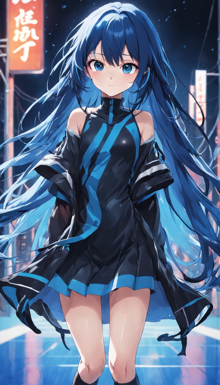 Anime girl with dark blue hair and turquoise eyes,  slender and athletic body type,Her physique is lean and toned,wearing an elegant dress