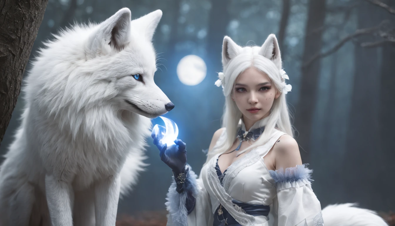(Next to the anime girl with white fur fox ears before the full moon is a huge white nine-tailed fox:1.5), fantasy fox love, White-haired fox, white fox anime, Anime fantasy illustration,(dark forest background,Blue transparent smoke surrounds:1.8), art of silverfox,Best quality, Masterpiece, 超高分辨率, (photograph realistic:1.4), ultra-realistic realism, Dream-like,fusionart, Shadowdancer, shadow magic, Darkness, stealth, shadowstep, umbral spells,