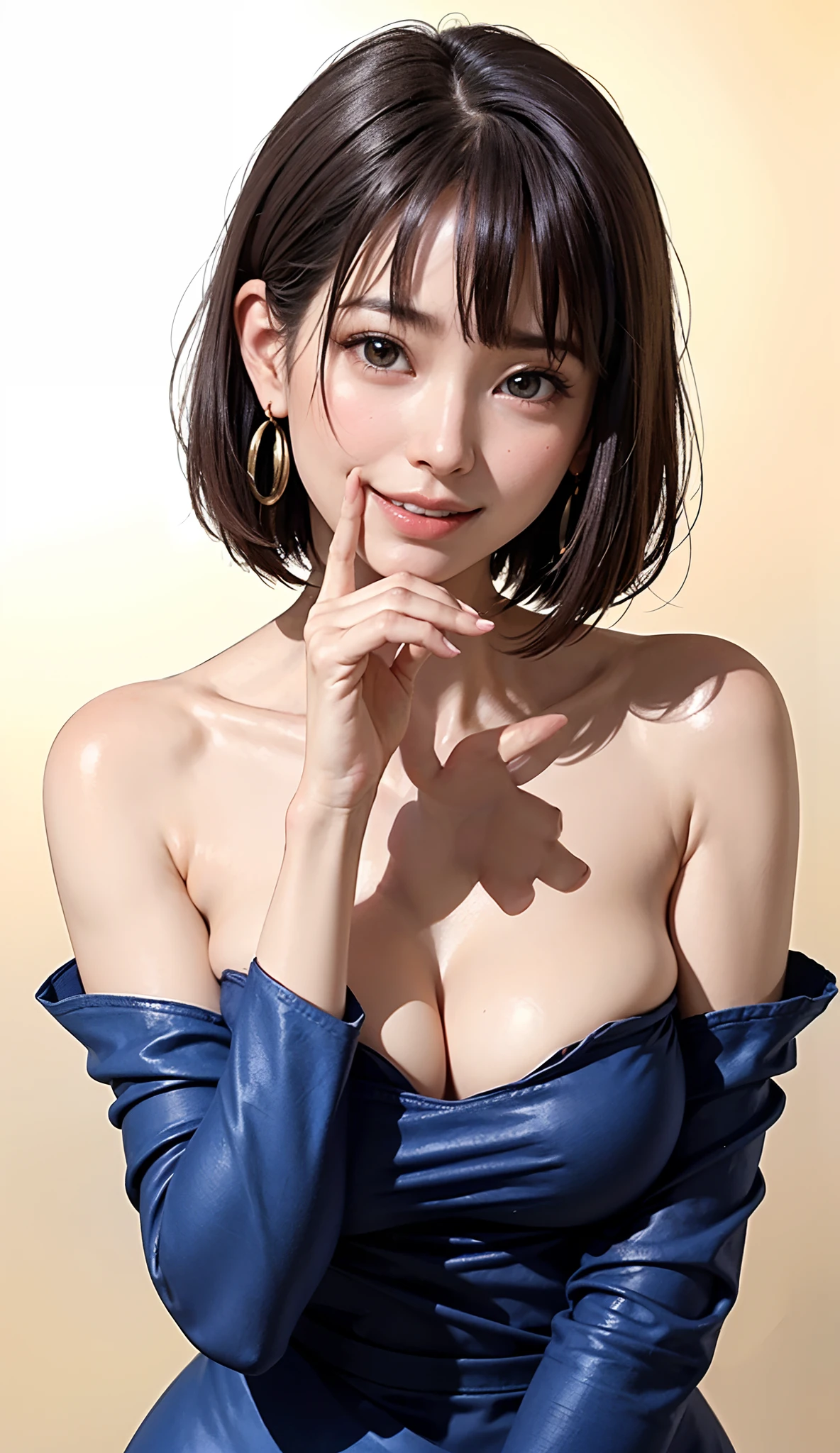 ((high-detail、hightquality、high-level image quality、Draw faces in high resolution、1 person woman、独奏))、boldly open your crotch、Very gigantic-breasts、Special size beauty big breasts、(Big all exposed:1.2)、protruding areolas、azur lane、Perfect Angle、Professional quality、hight resolution、perfect contrast、Perfect litthing、perfect-composition、perfect Waifu、flawless skin、perfect hand、Perfect fingers、perfect chest、perfect hair、face perfect、A masterpiece of realistic facial features、long neck、Put your ears out、hime-cut、a short bob、happily laughing、Happy smile、Clean teeth alignment、(Upper body naked:1.2、I'm not wearing anything:1.2、Nothing attached、Pretty adult supermodel with long legs、Distinct double eyelids、Slightly bigger eyes)、Short bob cut with clean bangs、short clean hair with bangs、the neck is long、neck long、a small face、Clean collarbone、Light in the eyes、face perfect、Perfect body、Perfect fingers、perfect arms、perfect hand、Symmetrical very beautiful face、Smaller face、Golden Ratio Beauty Face、Look firmly at the camera:2.0、(Immaculate white background with nothing really、Really pure white blank background:2.0、Look firmly at the camera、wearing nothing)、Perfect Anatomy、very large breast、very large neat chest:2.0、very large clean areolas,:2.0、Extra large size、28 year old、adult appeal、cute little、spotless、smil、Smile really happily、Professional quality、hight resolution、perfect contrast、Perfect litthing、perfect-composition、perfect Waifu、flawless skin、perfect hand、Perfect fingers、perfect chest、perfect hair、face perfect、A masterpiece of realistic facial features、lipgloss、neck long、Clean collarbone、Clean cleavage、Clean cleavage、Clean teeth alignment、Laughs a lot、Touching the cheek with your fingers、Cobalt Blue Teardrop Earrings、Random composition、10 head body、Arms behind your back、Fold your hands behind your head、Touching the buttocks with both hands、Beautiful poses、((posterior view:1.2))