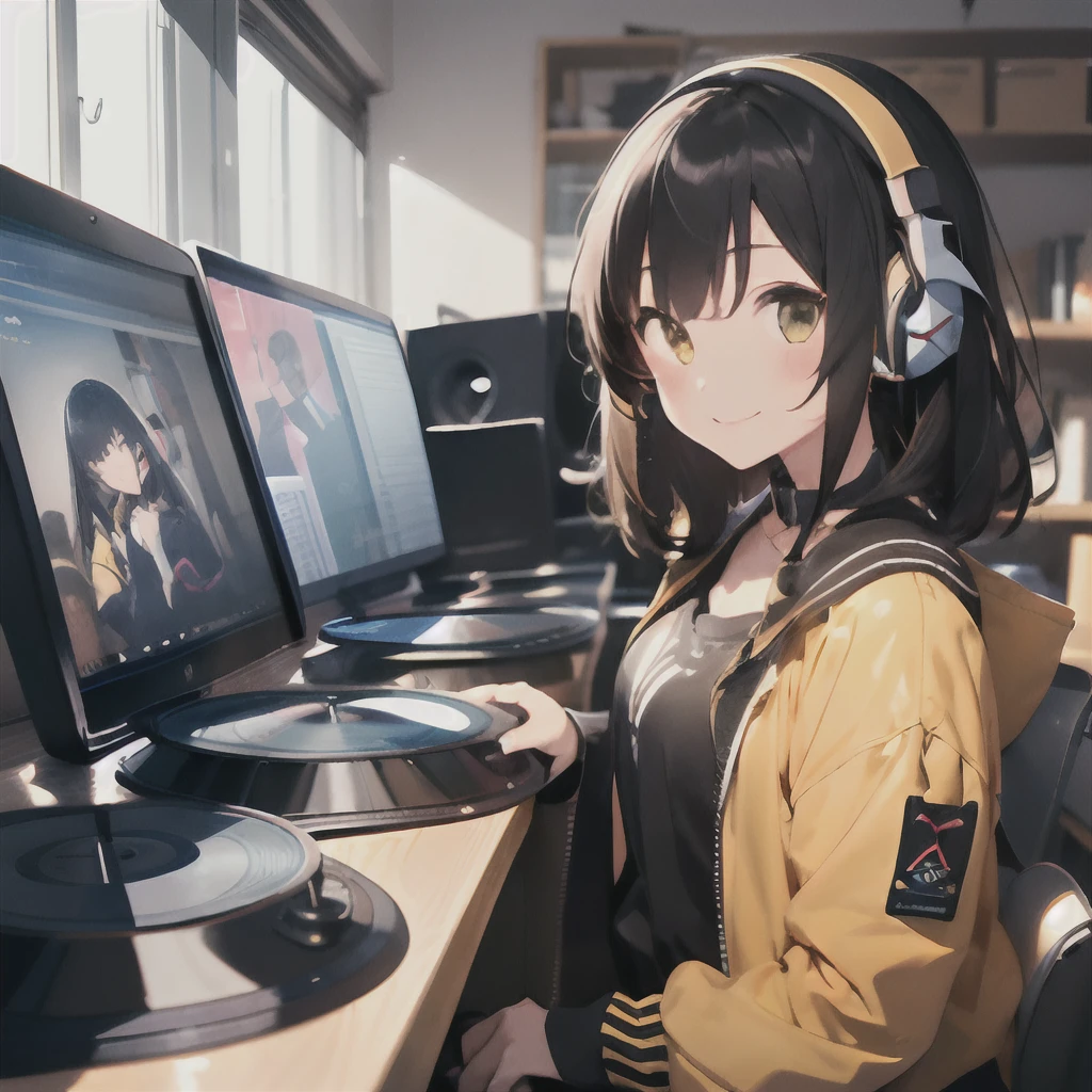 (1 girl、A dark-haired、straight haired、hair adornments、ssmile、A smile、small tits、cute face)、Yellow jacket、Black pants、full body Esbian、camera view、Turntables on both sides of the mixer console、masterpiece、top-quality、nffsw、Wearing headphones on your neck