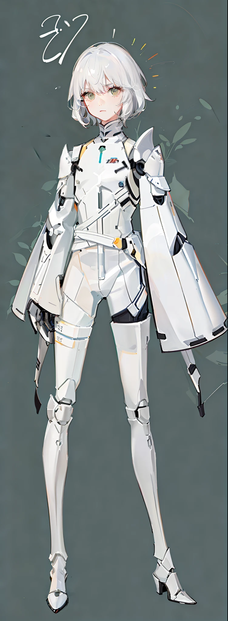 character design,One dressed in white,red peach, glossy white armor, streamlined white armor, sleek white armor, clothing design, clear outfit design, full body concept, sleek streamlined white armor, detailed white armor, full body adoptable, new costume concept design, sleek bright white armor, modern clean white armor, matt white color armor,1 boy,Male,Young man,The right leg is a mechanical prosthesis,droid,white colored eyelashes,White eyes,White color hair
