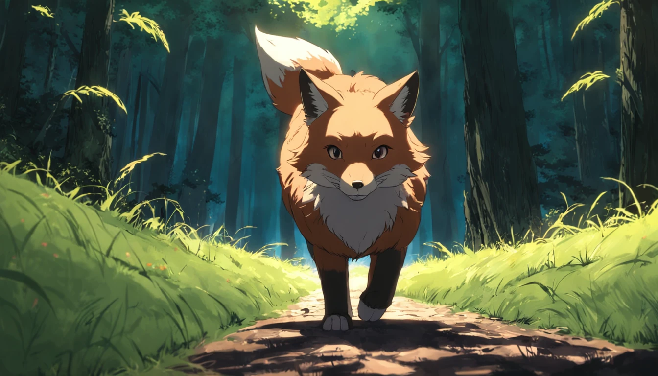tmasterpiece,best qualityer,cinematic Film still from,1 fox,Close-up,Face the lens,Fox walking on forest paths