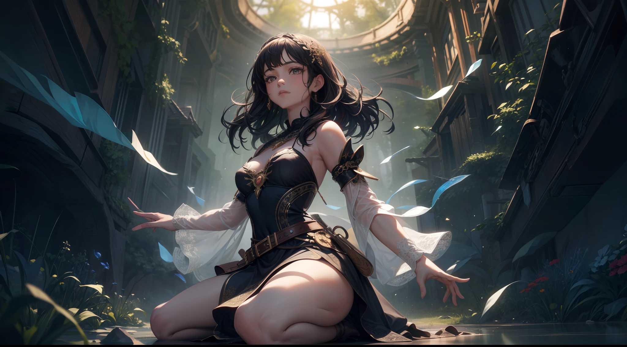 village field peasant woman, 24-year-old female, (face detail), magic lights, magic necklace, dress, neckline, (lacy), [[((forest)):((field)):0.25]:((village)):0.6], train on background, magic technologies, futurism, fantasy, magic, silk, 1girl, masterpiece, best quality, decollete, natural breasts, slim body, zettai ryouiki, medium length hair, (beautiful detailed bright eyes), portrait, (full body), (beautiful and aesthetic:1.2, fractal art:1.4), most realistic, hyper-realistic, RAW, highest quality, best quality, Detailed, Realistic, 4k highly detailed digital art, octane render, bioluminescent, (cool_color), best pixels, 8k ultra, extremely detailed CG unity 8k wallpaper, cinematic lighting