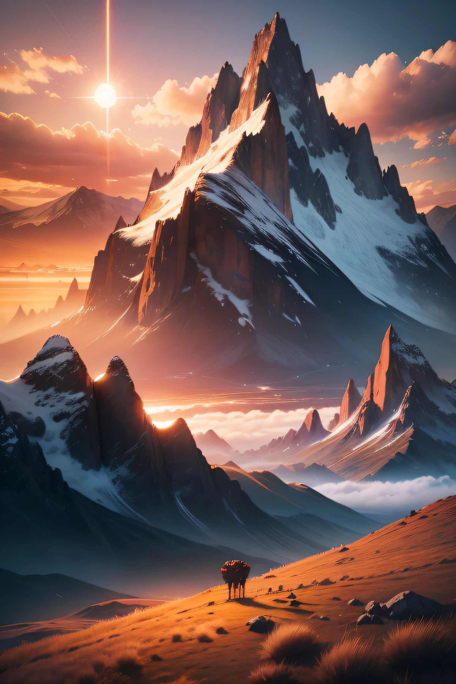 Realistic landscape futuristic Ultra HD 8K sunset with moonlight in the sky Realistic clouds of the highest quality with mountains in the background reflective weather and wind blowing over the grass Realistic in Ultra HD K4