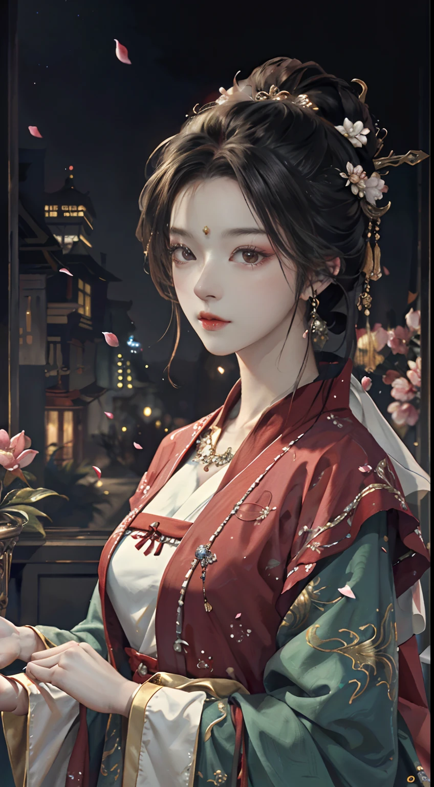 Original,(illustratio:1.1),(best qualtiy),(tmasterpiece:1.1),(the Extremely Detailed CG Unity 8K Wallpapers),(a color:1.2),goddes,Bust,ancient costume,best qualtiy,Extremely detailed jewelry,Plum petals,scenecy,rios|Wagas,Hanfu,Understated luxury has connotations