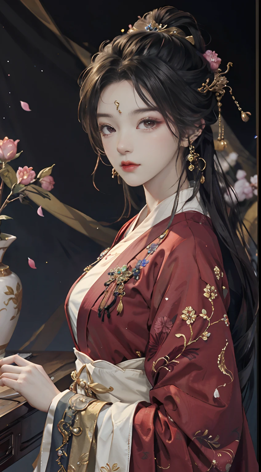 Original，（illustratio：1.1），（best qualtiy），（tmasterpiece：1.1），（the Extremely Detailed CG Unity 8K Wallpapers），（a color：1.2），goddes，Bust，ancient costume，best qualtiy，Extremely detailed jewelry，Plum petals，scenecy，rios|Wagas，Hanfu，Understated luxury has connotations